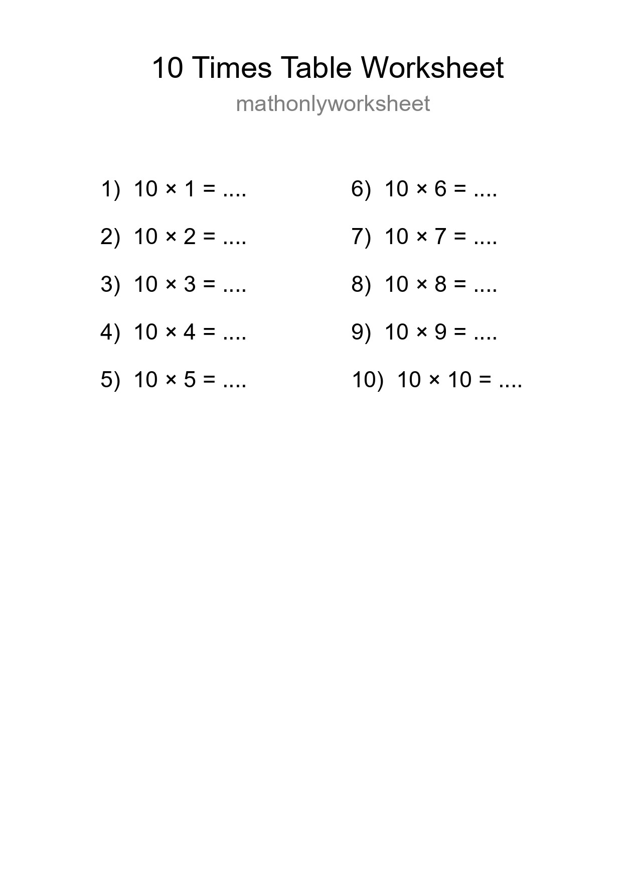 10 Times Table Worksheet For Grade 3 With Answers - Part 94