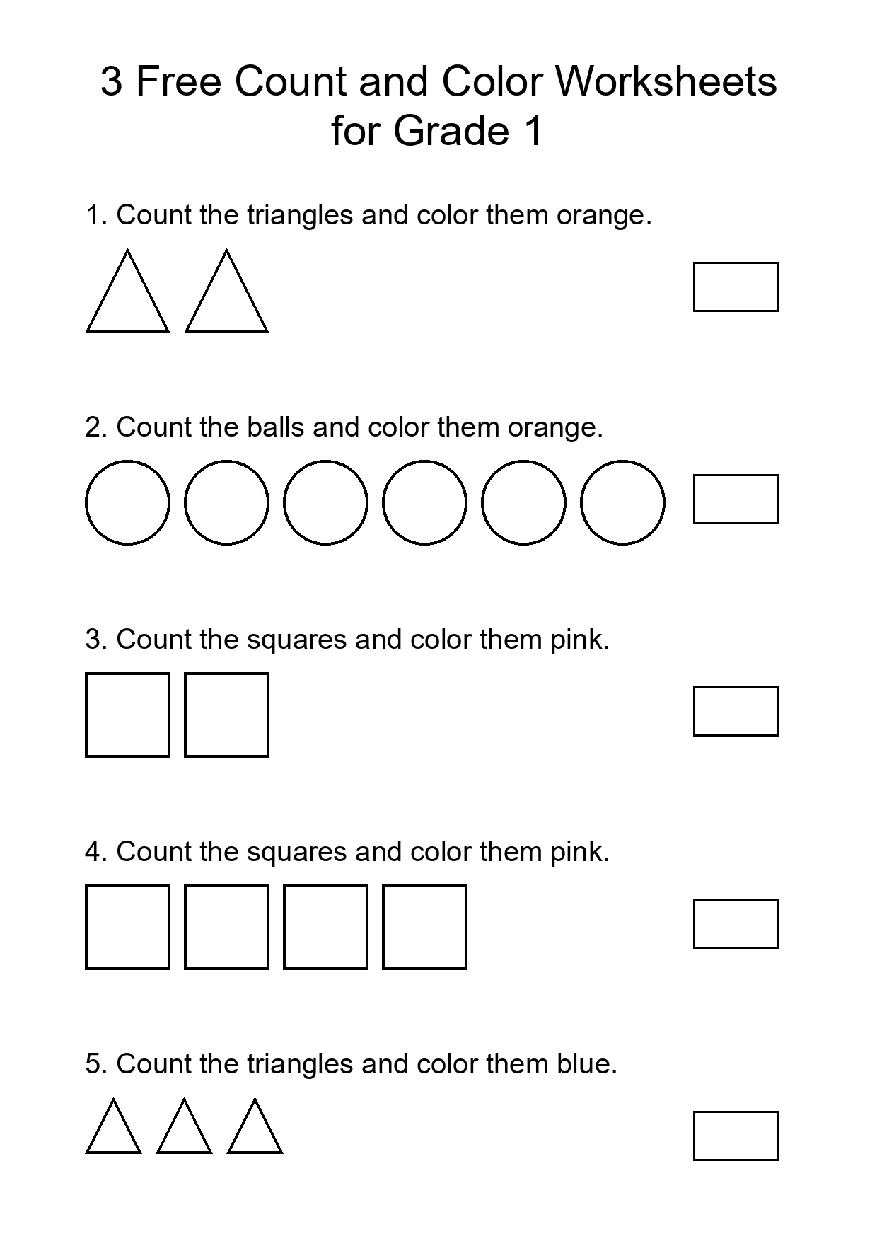 3 Free Count and Color Worksheets for Grade 1