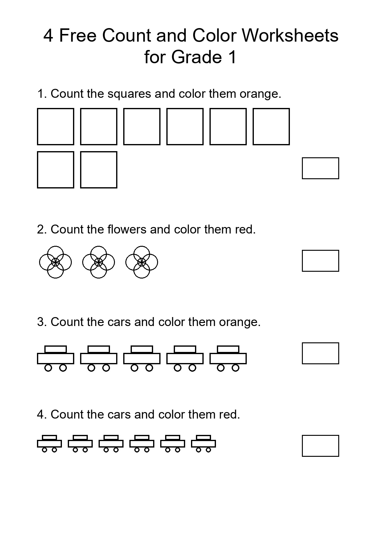 4 Free Count and Color Worksheets for Grade 1