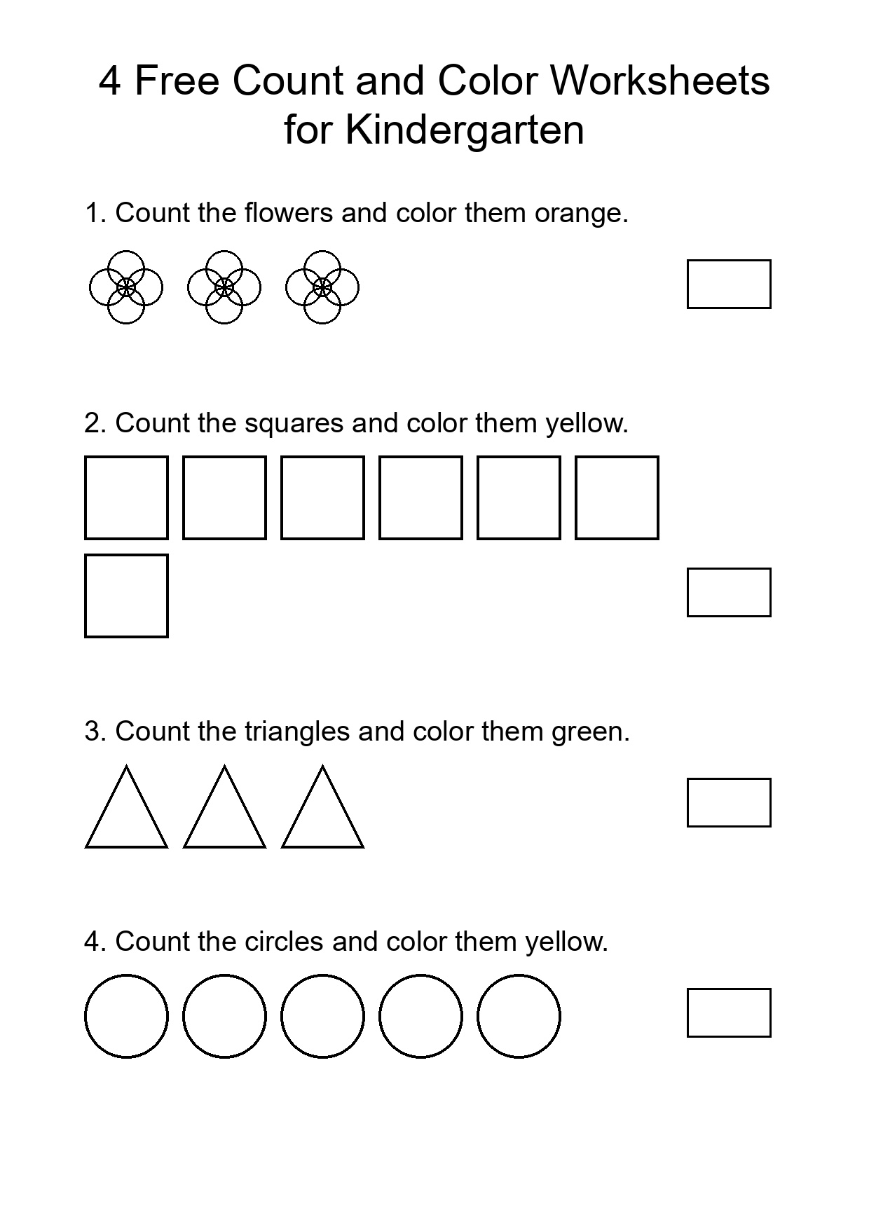 4 Free Count and Color Worksheets for Kindergarten