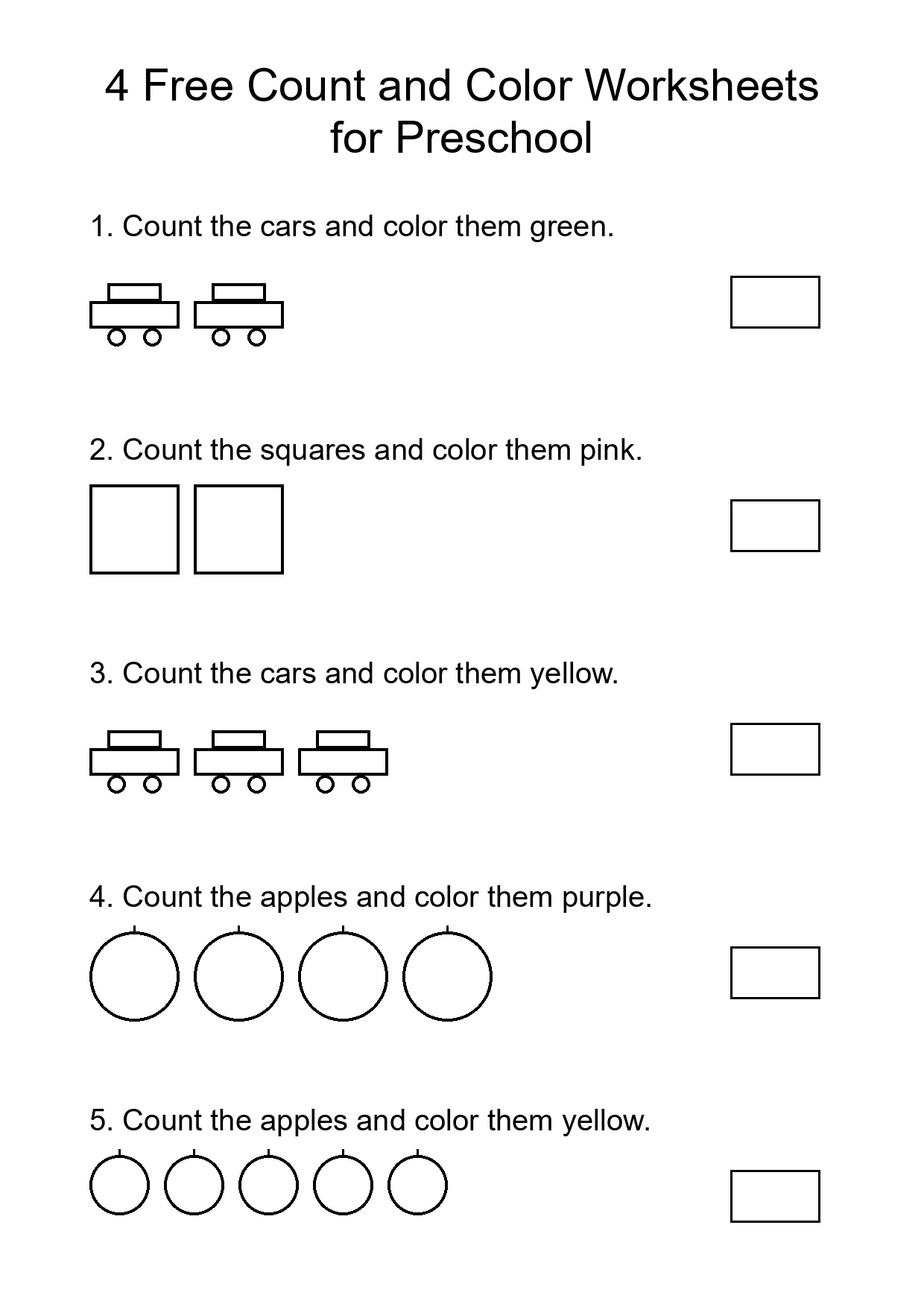 4 Free Count and Color Worksheets for Preschool