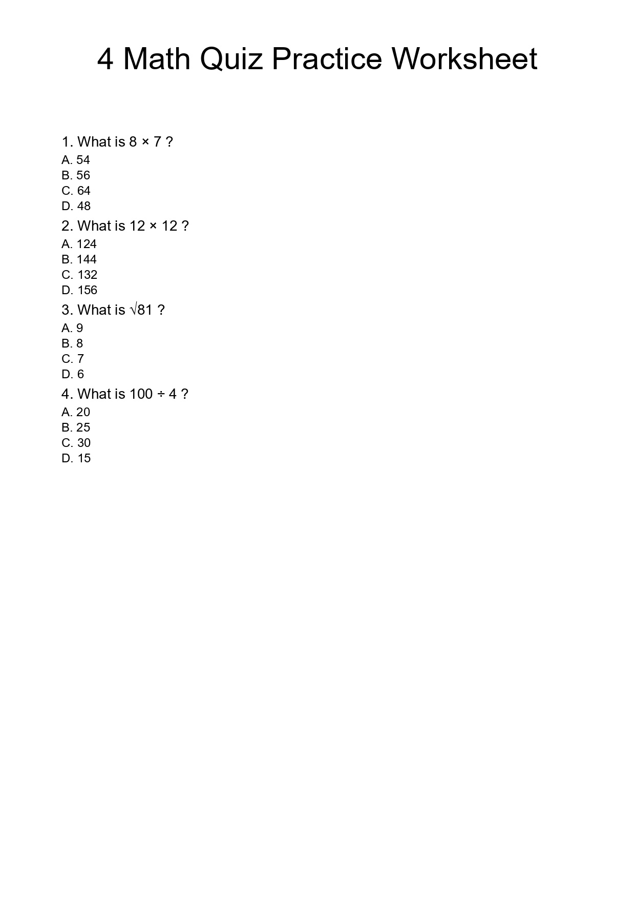 4 Math Quiz Practice Worksheet