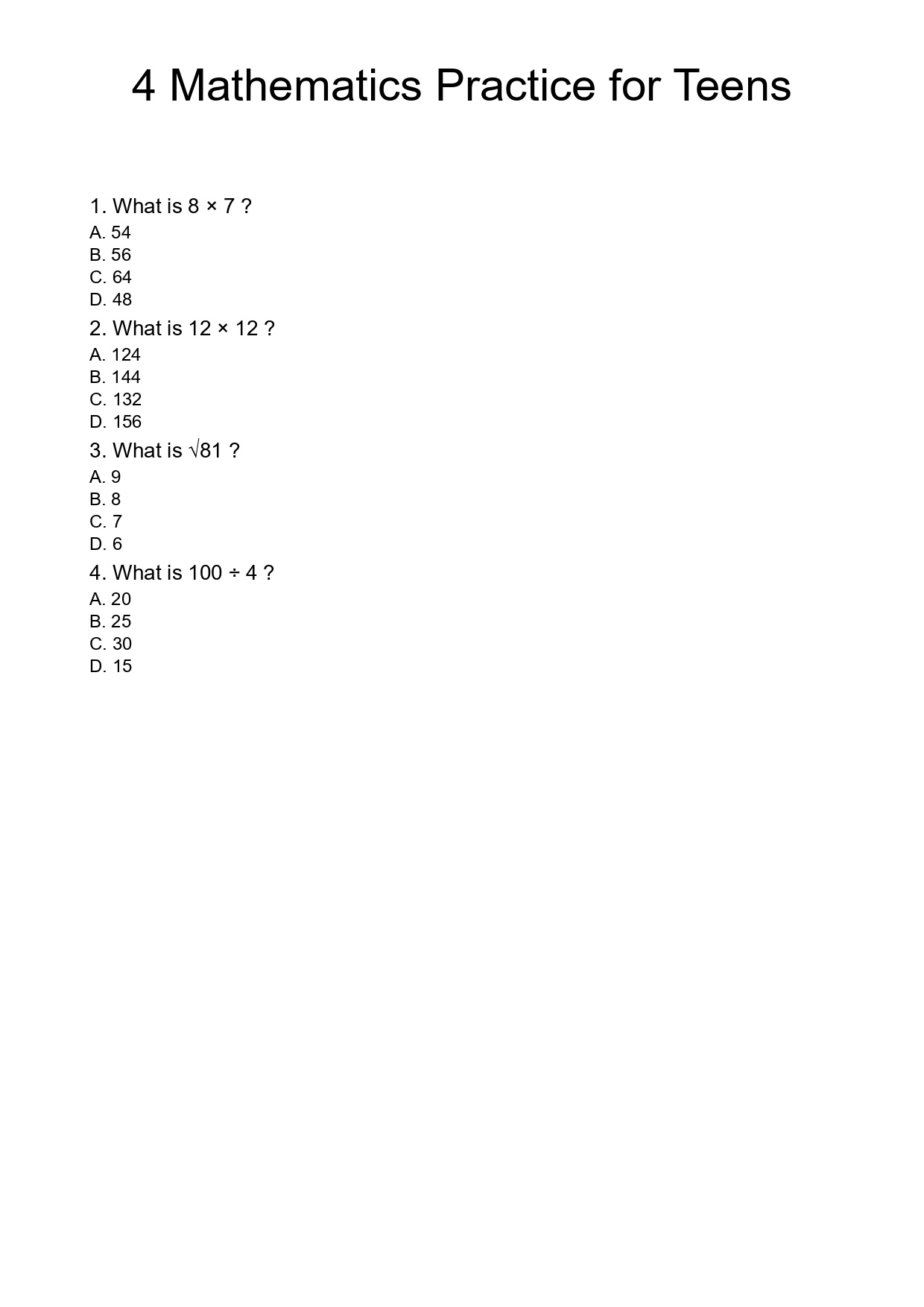 4 Mathematics Practice for Teens