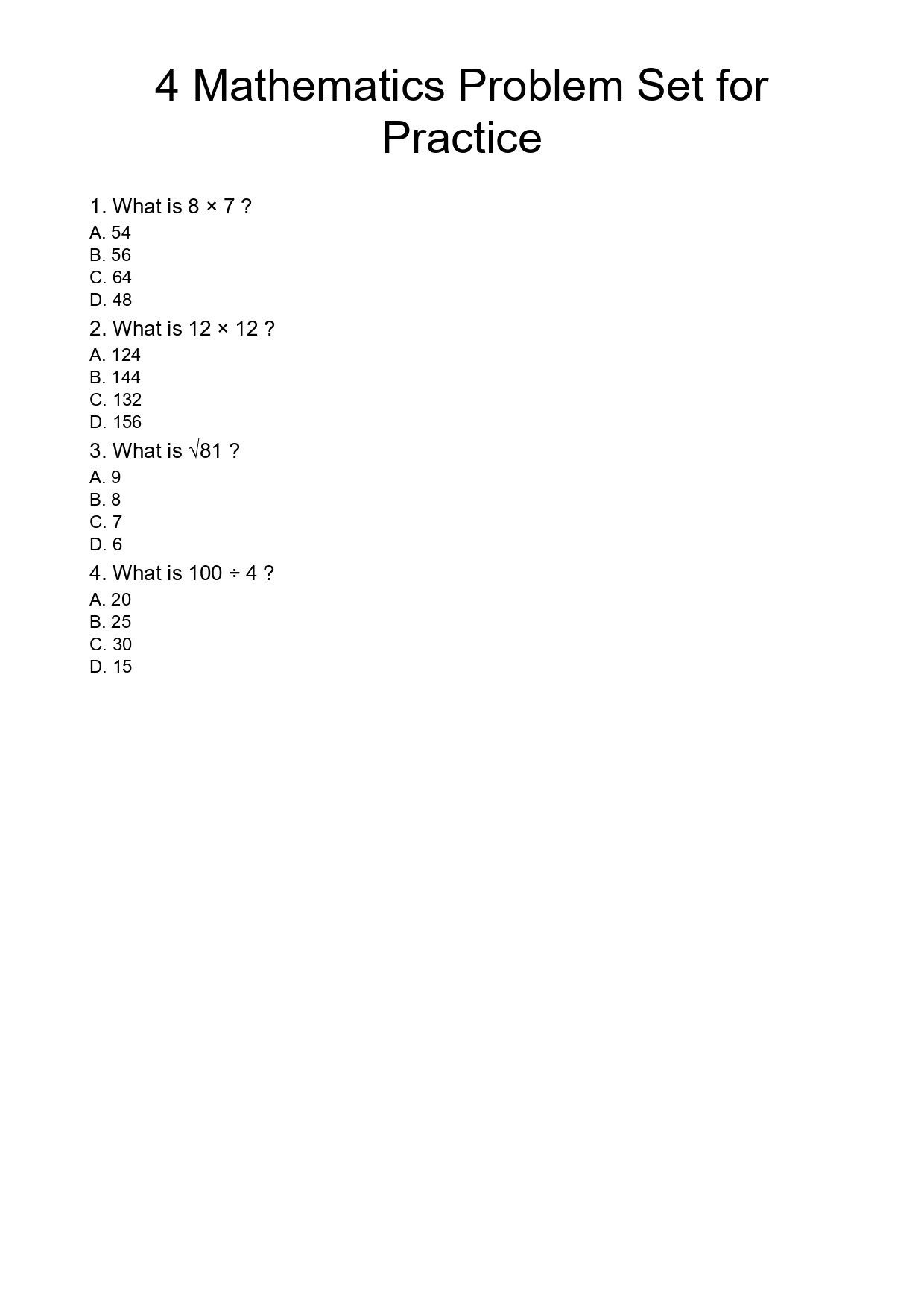 4 Mathematics Problem Set for Practice