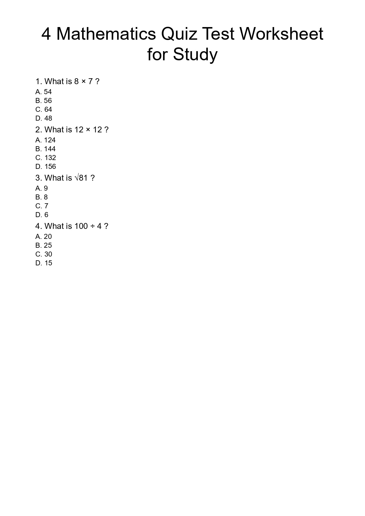 4 Mathematics Quiz Test Worksheet for Study