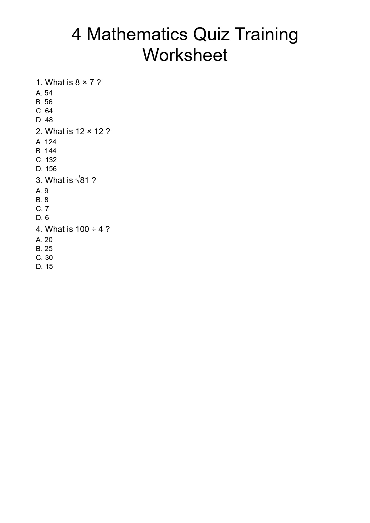 4 Mathematics Quiz Training Worksheet
