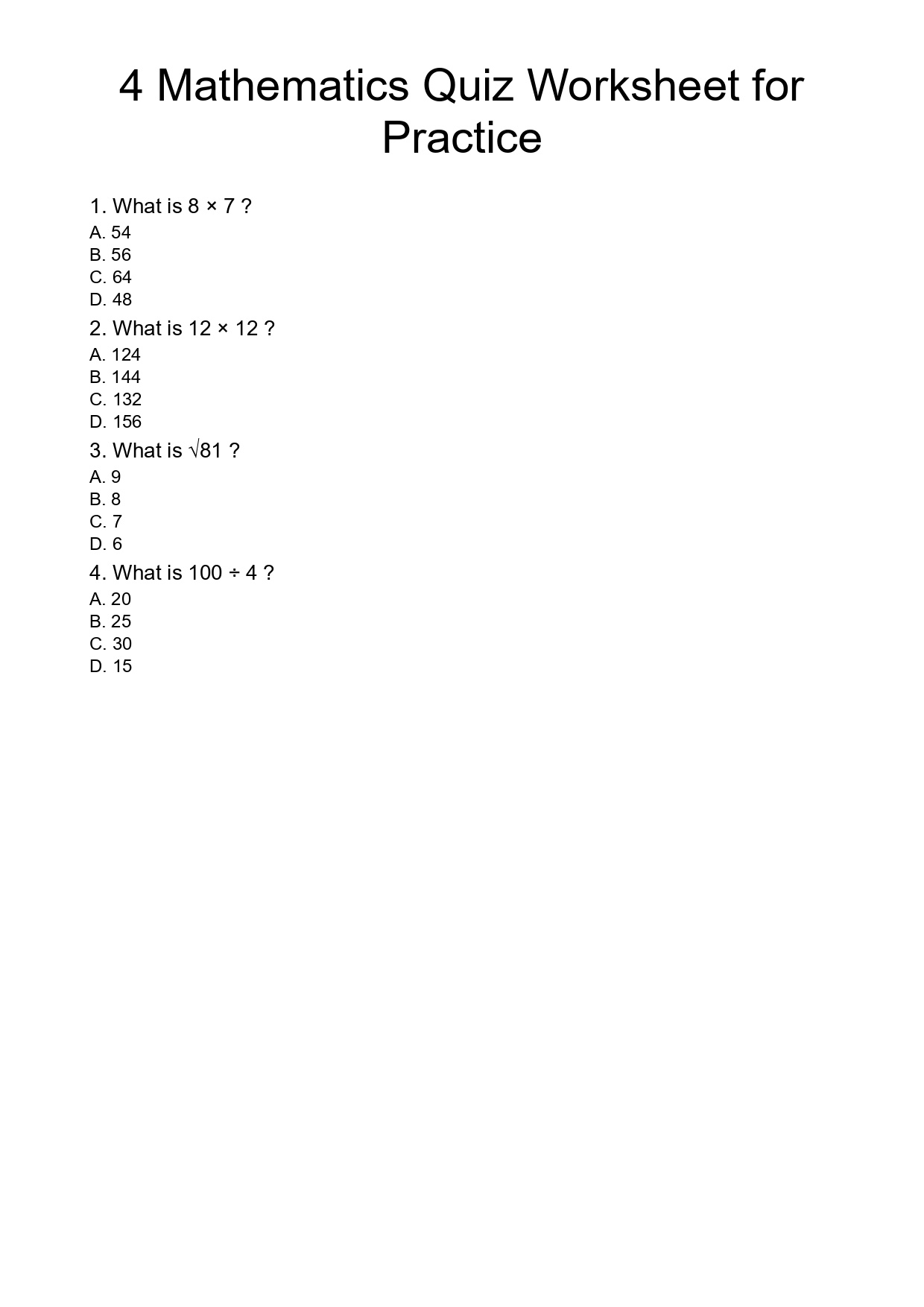 4 Mathematics Quiz Worksheet for Practice