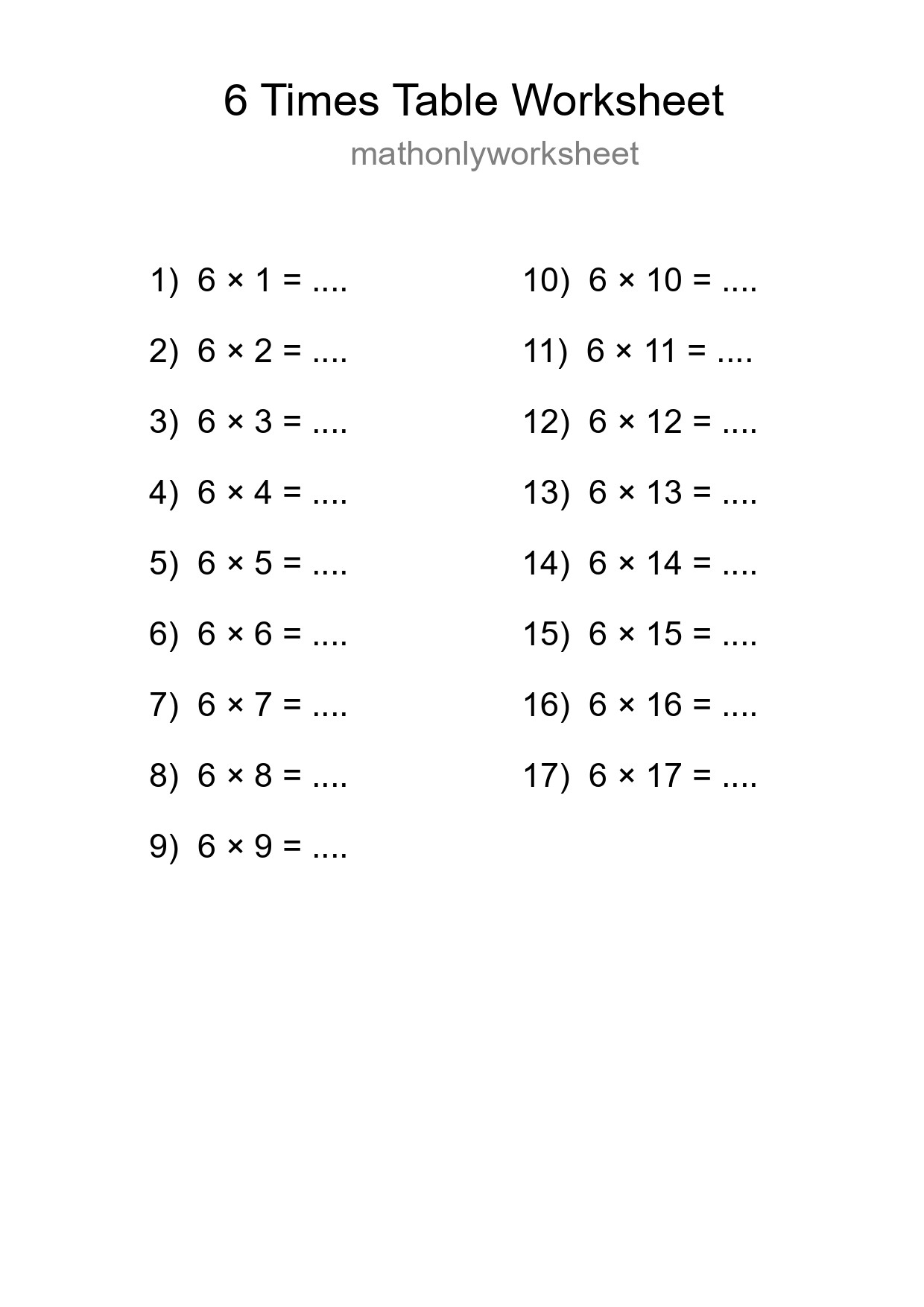 6 Times Table Worksheet For Grade 3 With Answers - Part 106