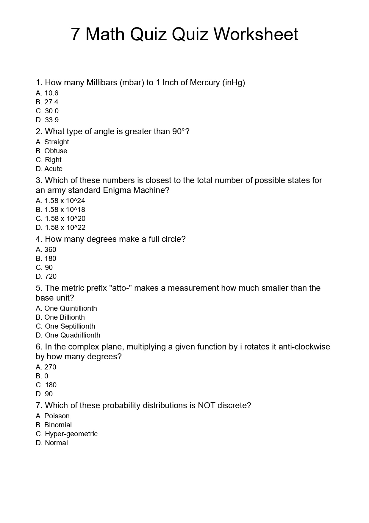 7 Math Quiz Quiz Worksheet