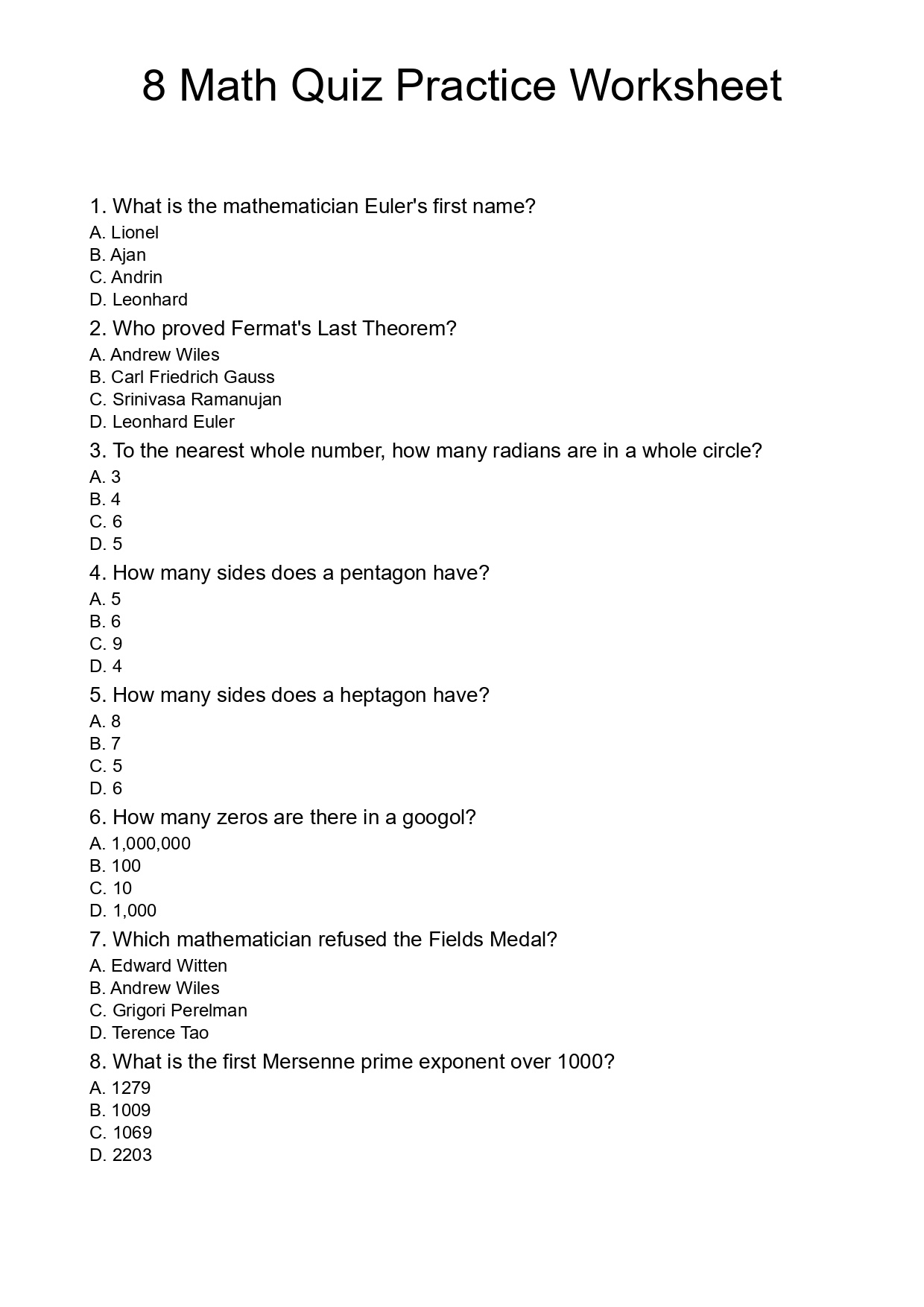 8 Math Quiz Practice Worksheet