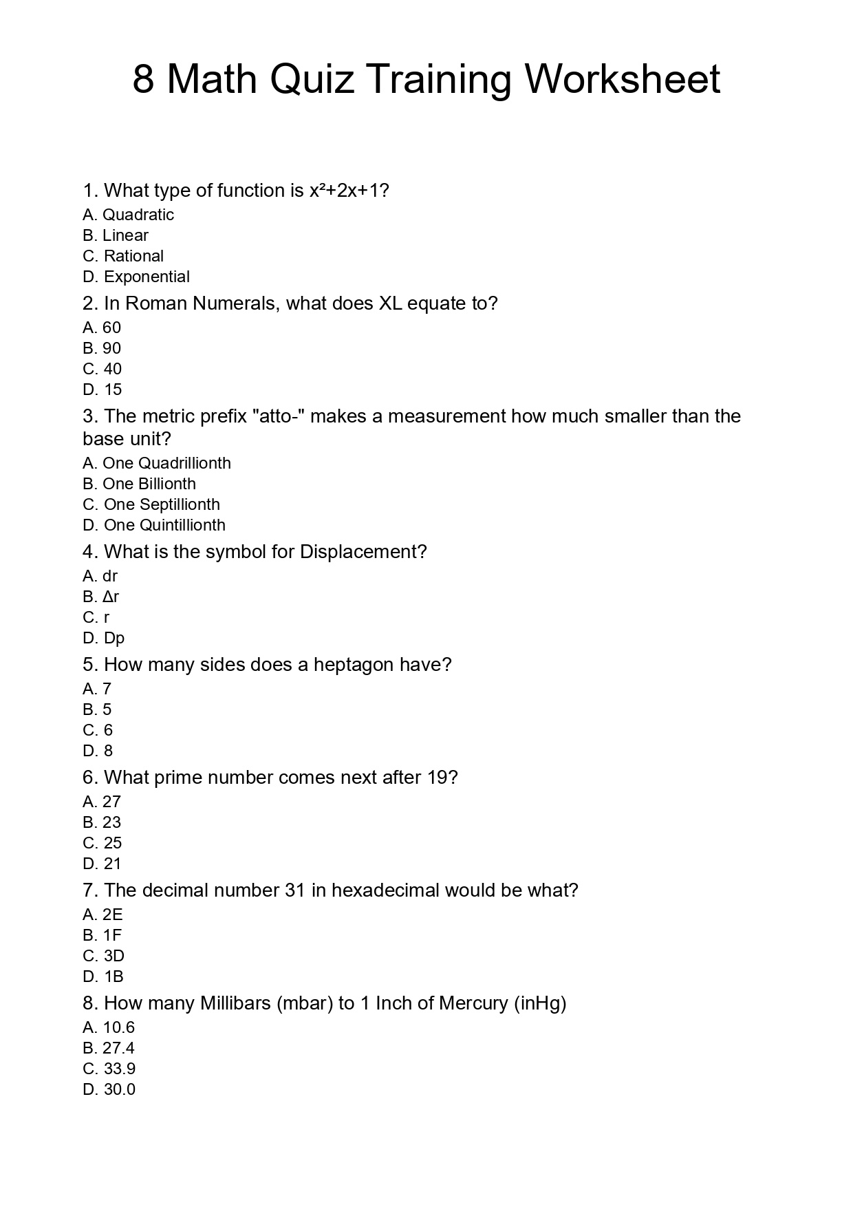 8 Math Quiz Training Worksheet