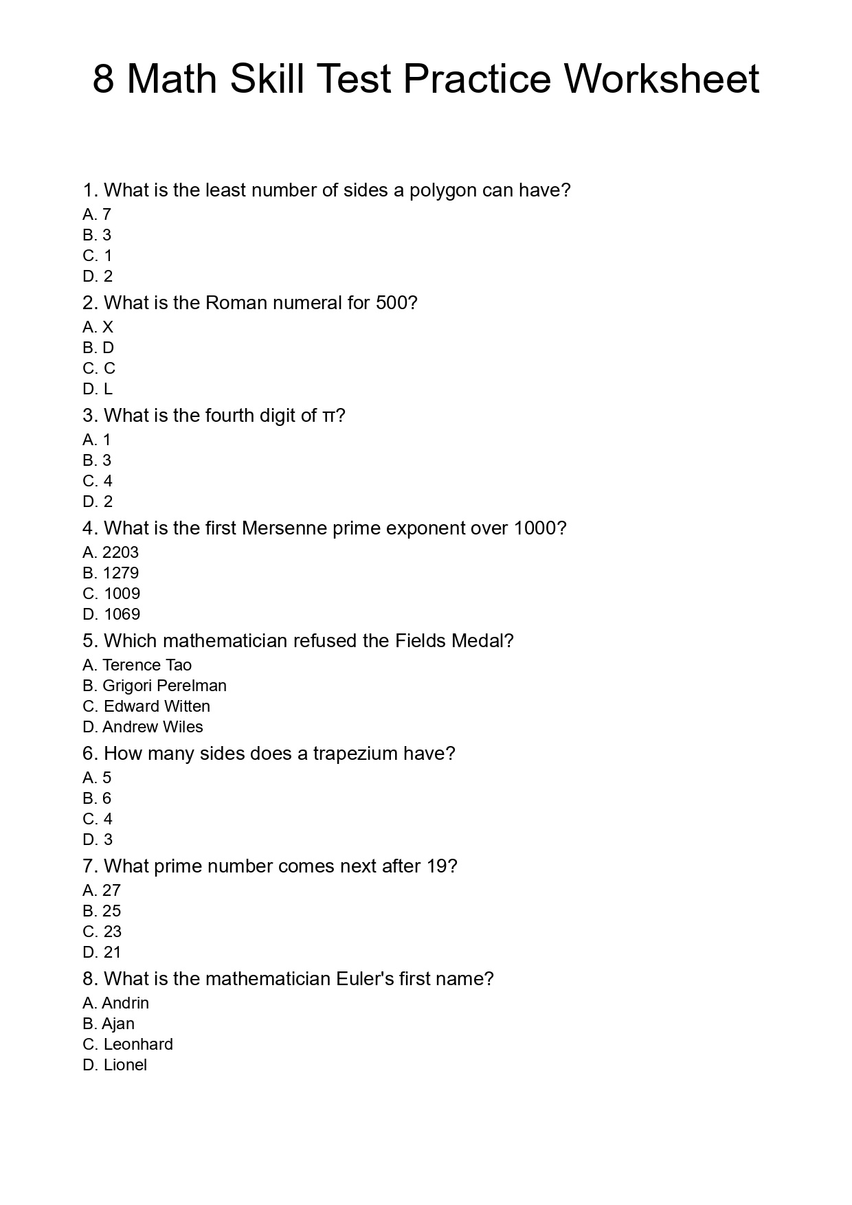 8 Math Skill Test Practice Worksheet