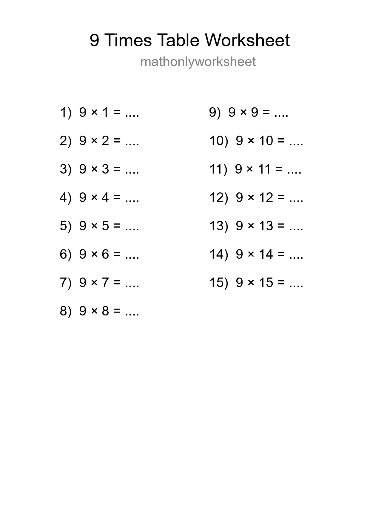 9 Times Table Worksheet For Grade 3 - Part 190