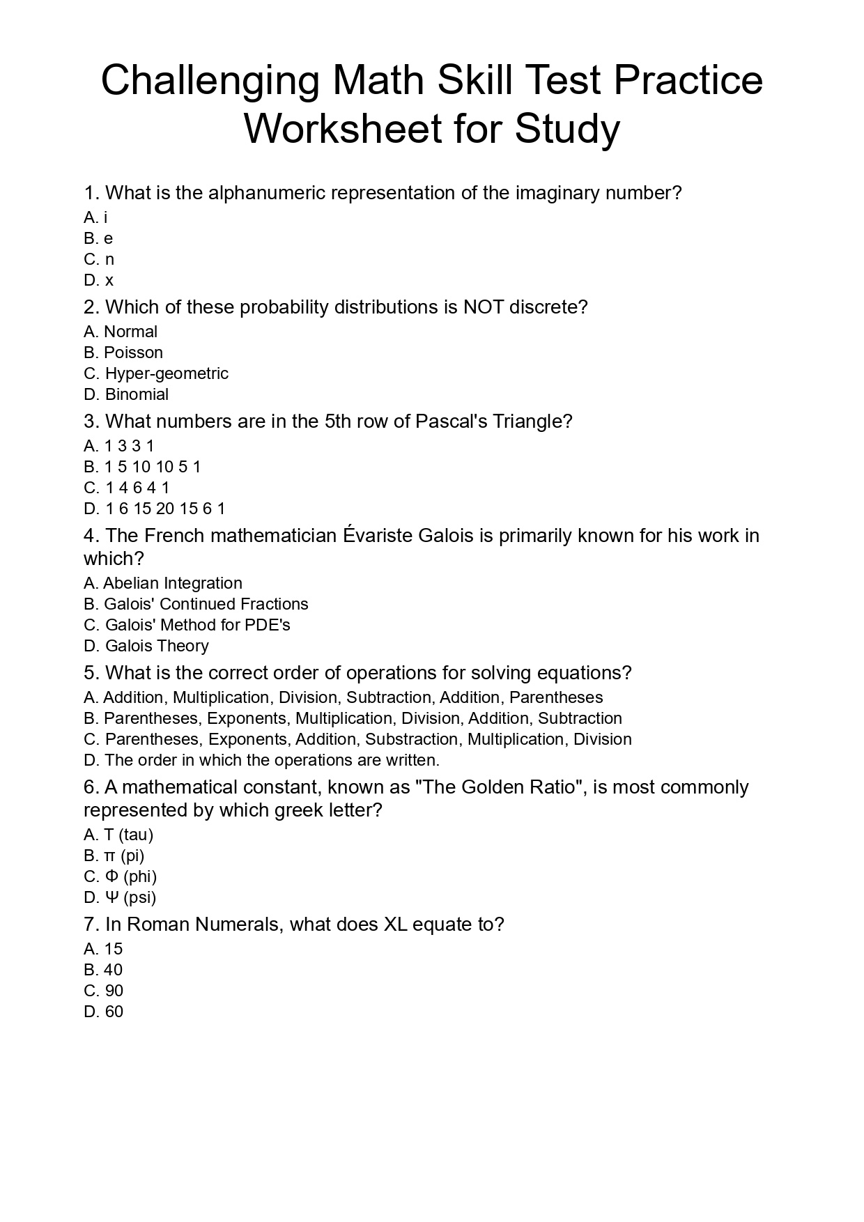 Challenging Math Skill Test Practice Worksheet for Study