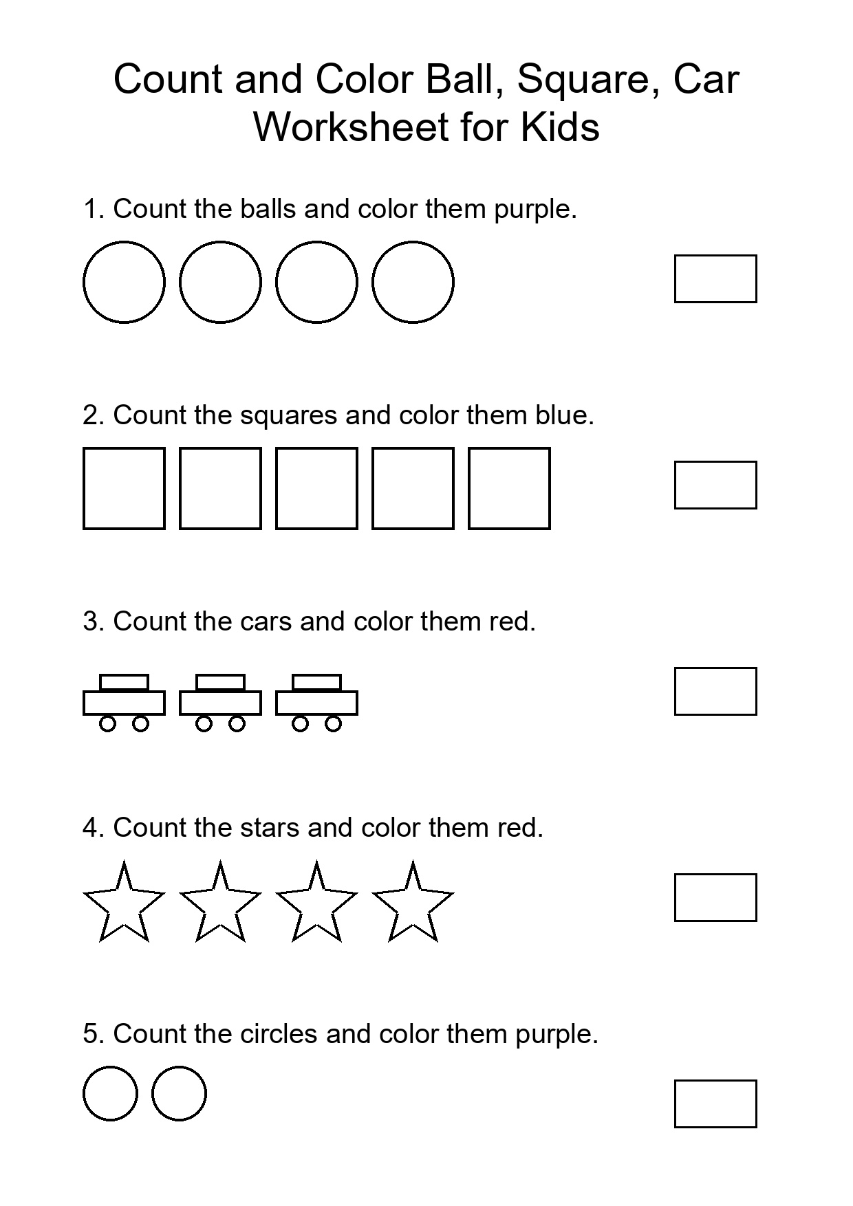 Count and Color Ball, Square, Car Worksheet for Kids