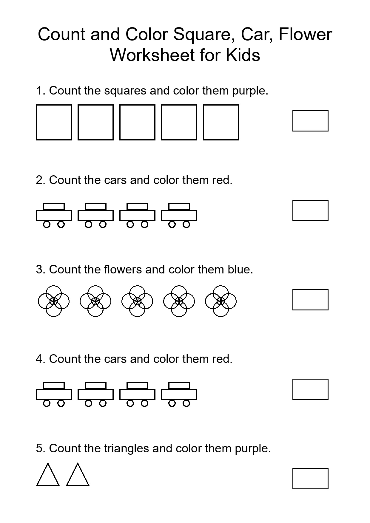 Count and Color Square, Car, Flower Worksheet for Kids