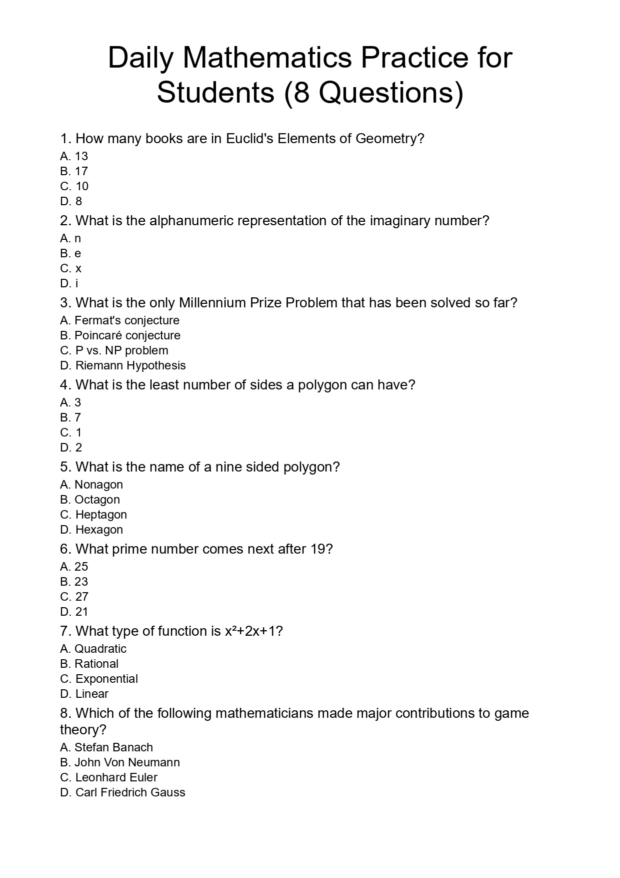 Daily Mathematics Practice for Students (8 Questions)