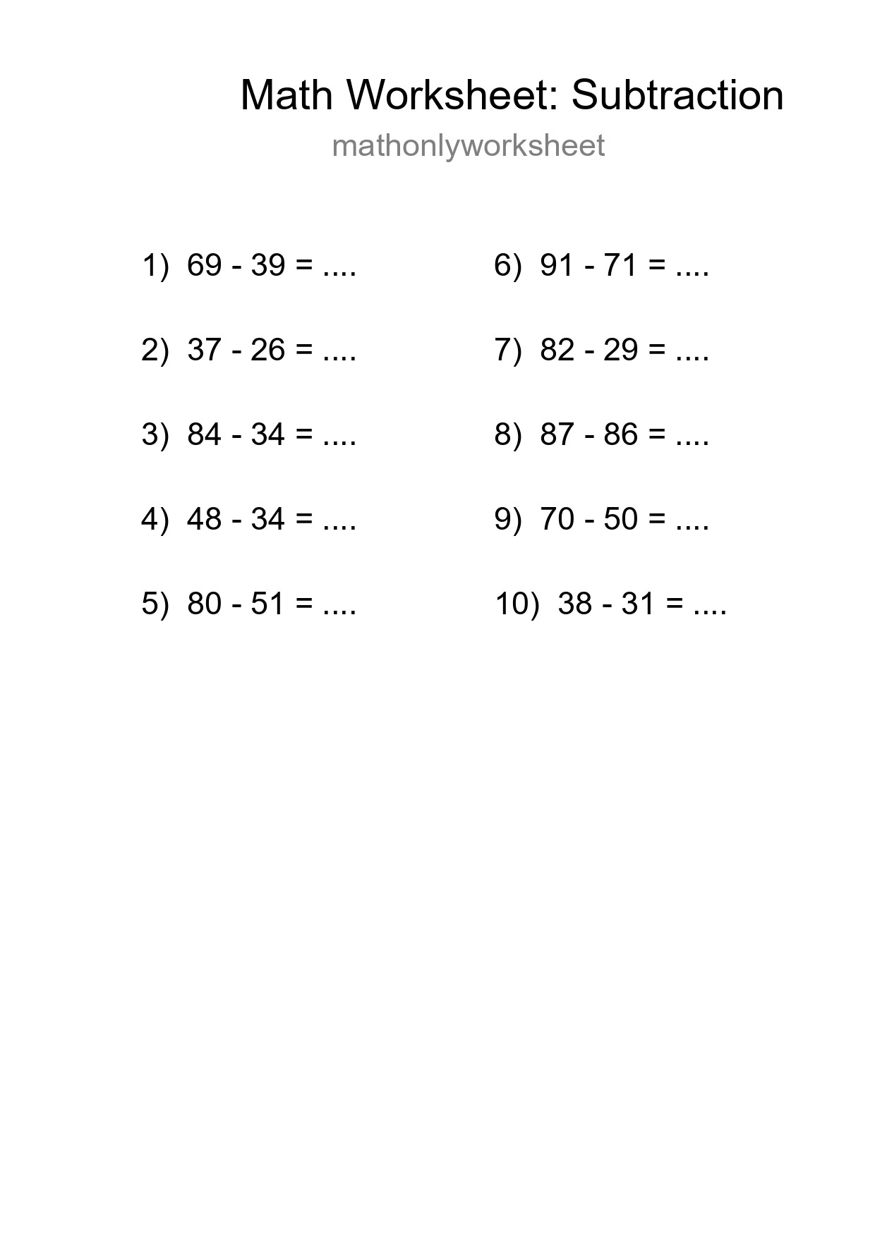 Free 10 Subtraction Math Worksheet For Grade 3 - Part 105