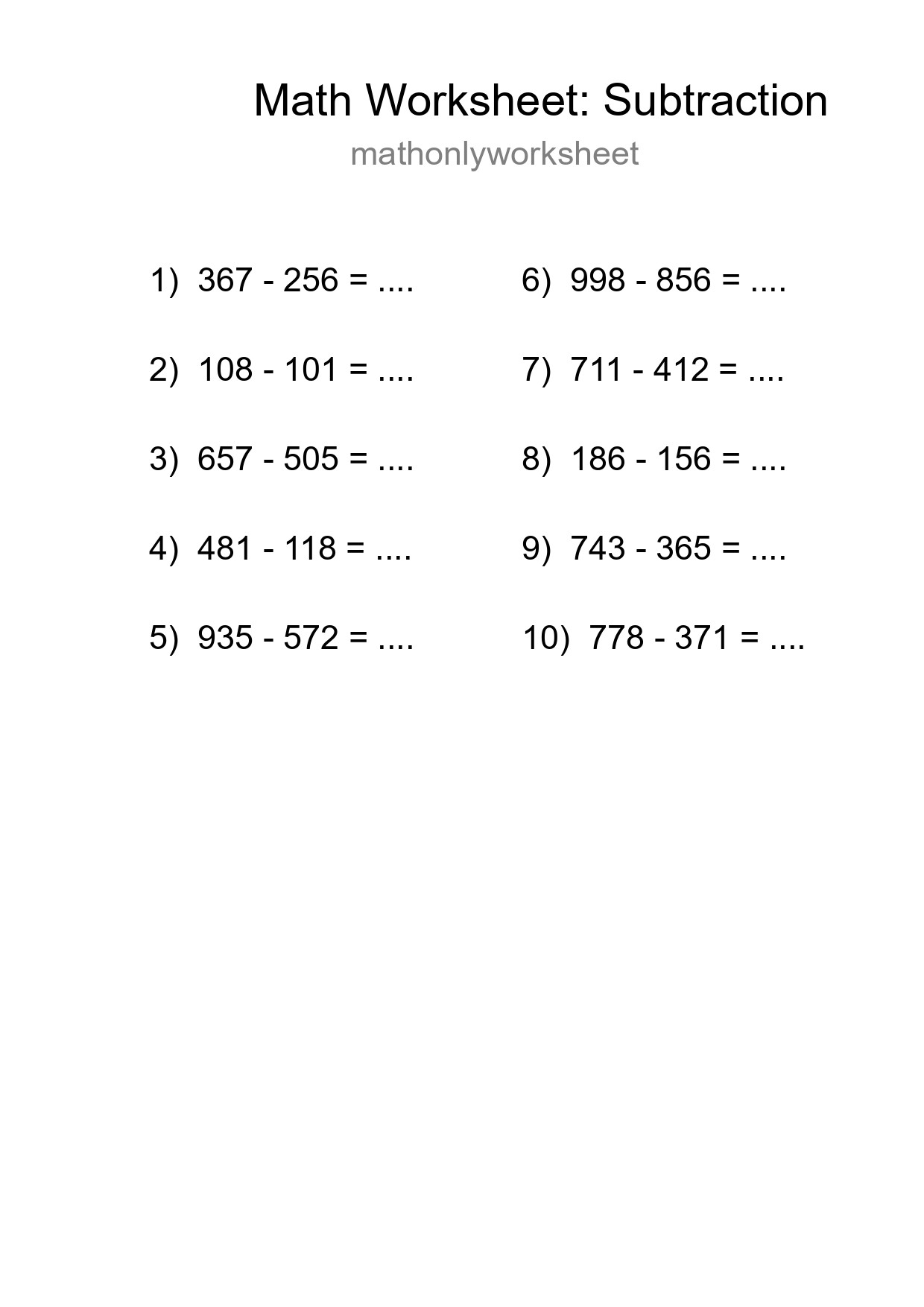 Free 10 Subtraction Math Worksheet For Grade 5 With Answers - Part 33