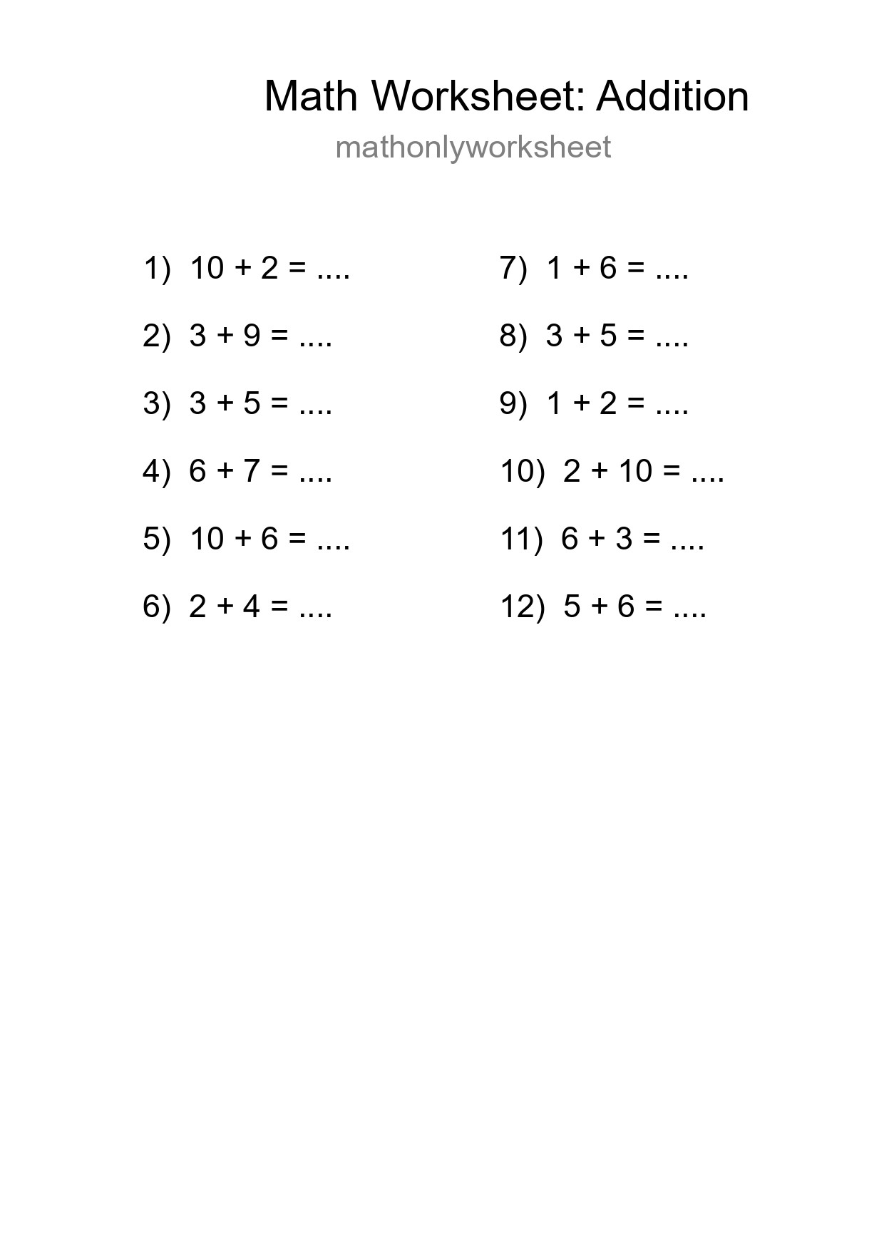 Free 12 Addition Math Worksheet For Grade 1 - Part 217