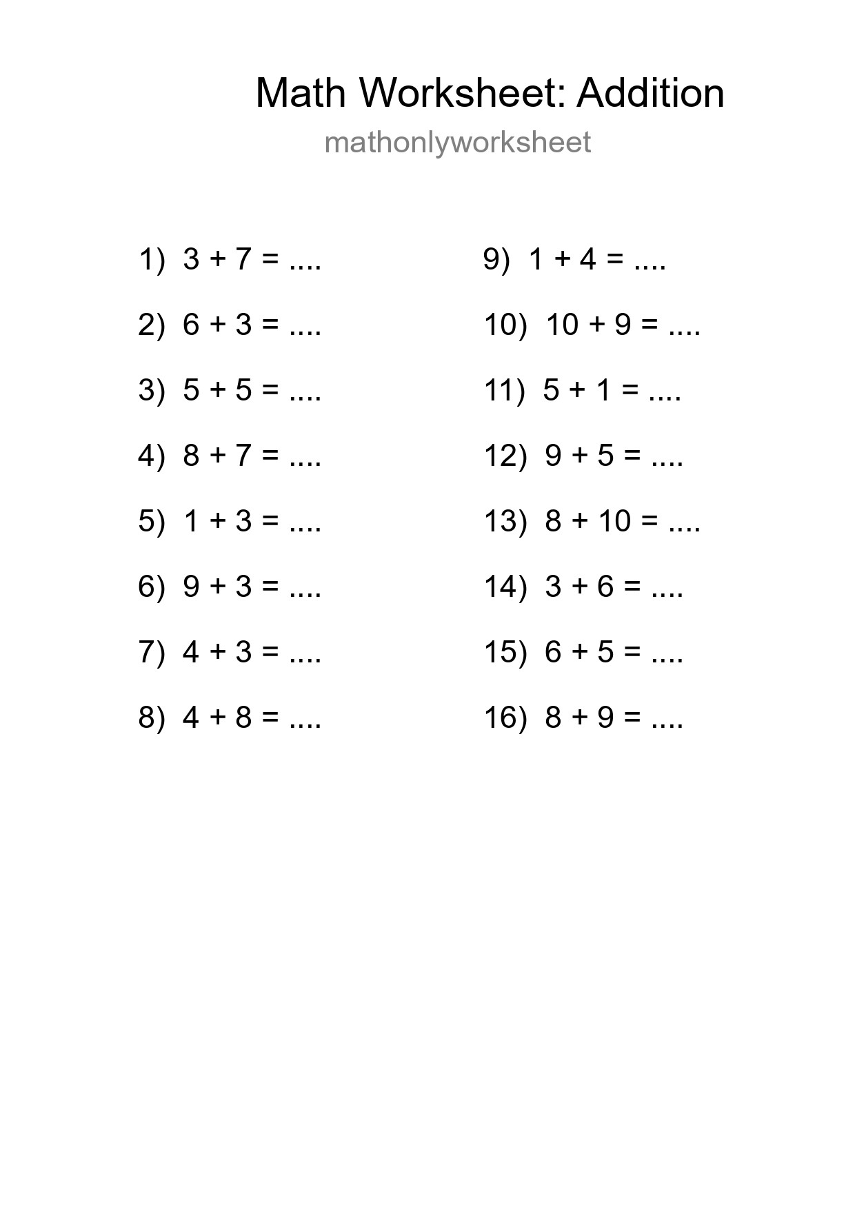 Free 16 Addition Math Worksheet For Grade 1 With Answers - Part 169