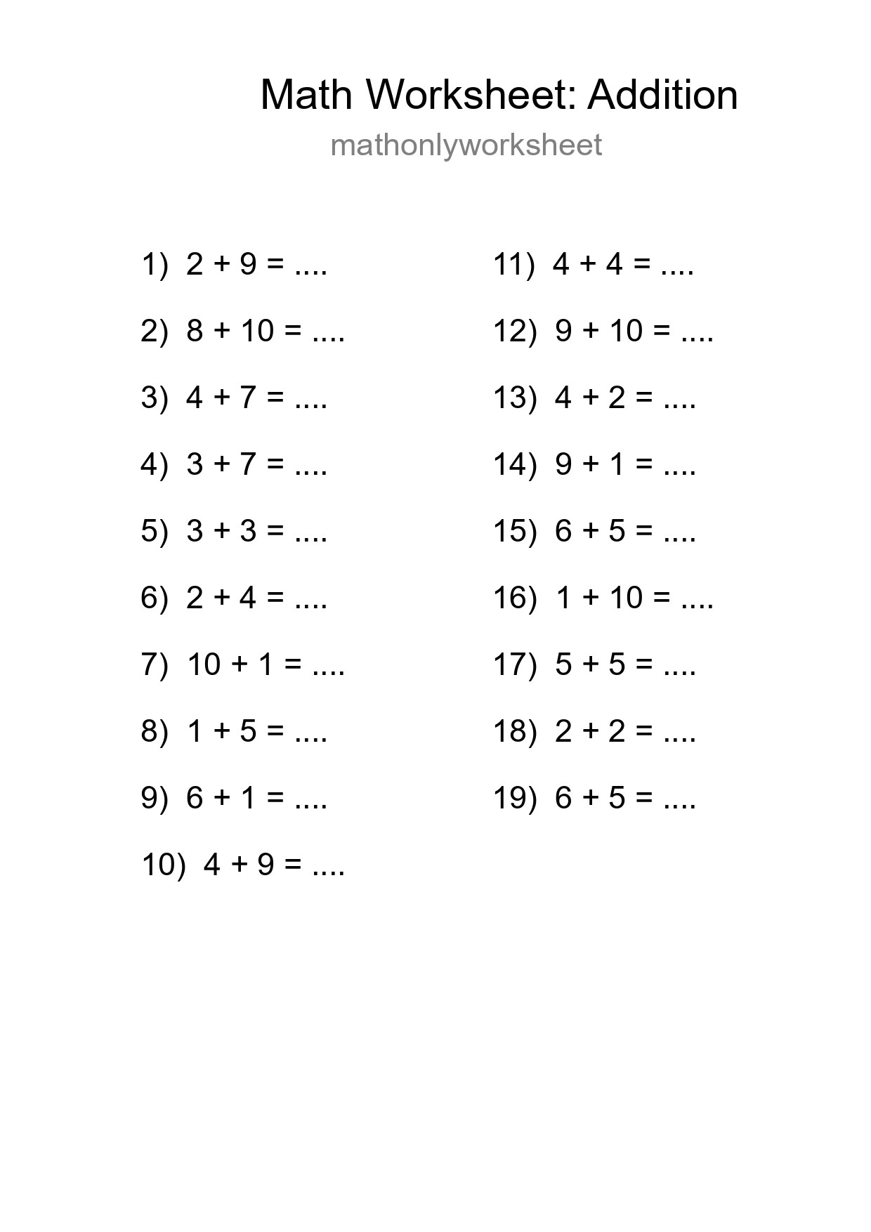 Free 19 Addition Math Worksheet For Grade 1 - Part 145
