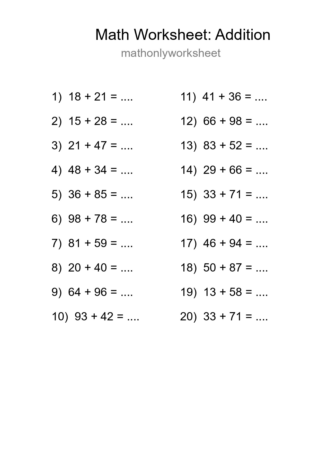 Free 20 Addition Math Worksheet For Grade 3 With Answers - Part 157