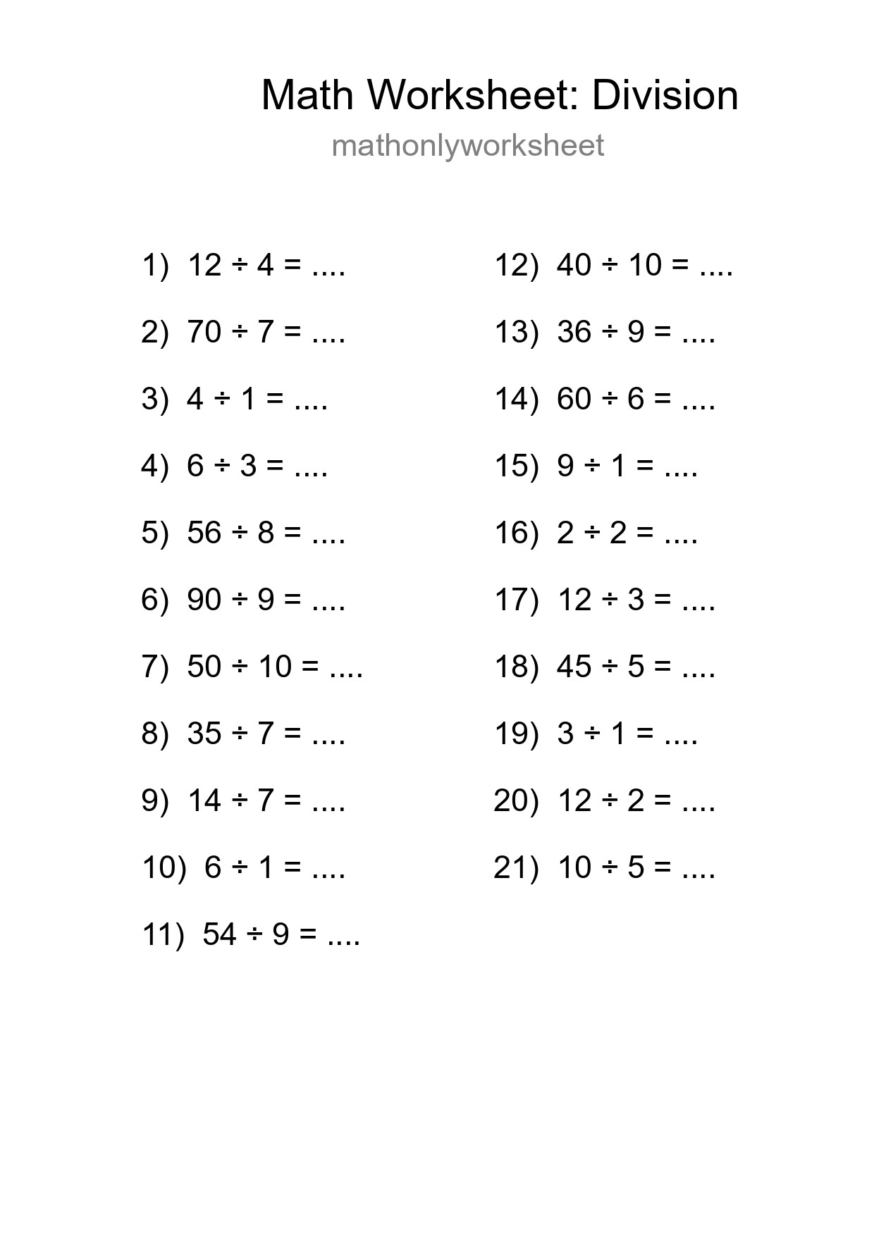 Free 21 Division Math Worksheet For Grade 1 With Answers - Part 148