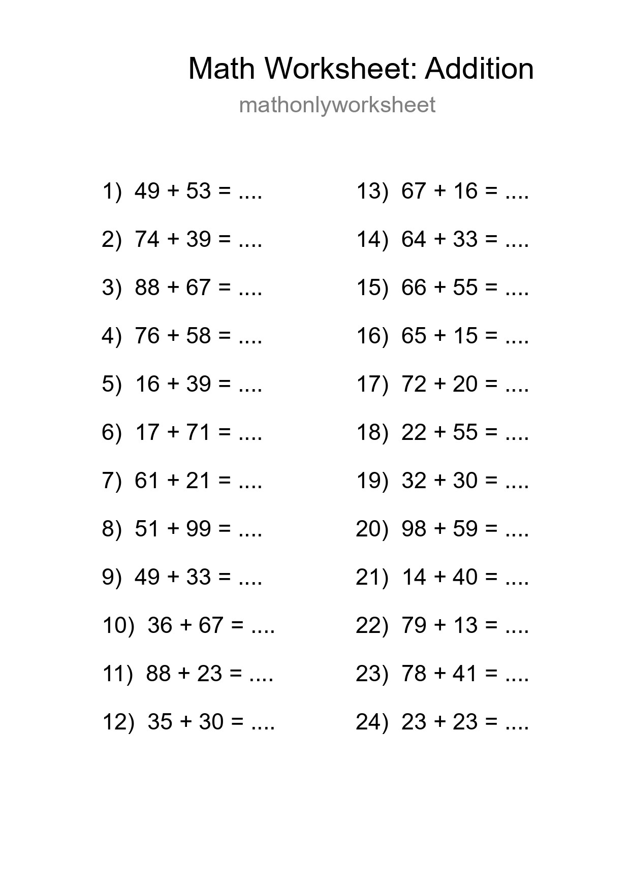 Free 24 Addition Math Worksheet For Grade 3 With Answers - Part 73