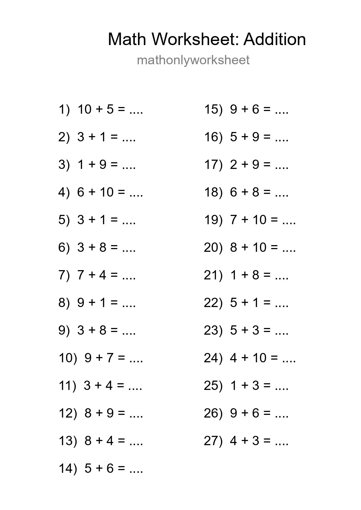 Free 27 Addition Math Worksheet For Grade 1 With Answers - Part 133