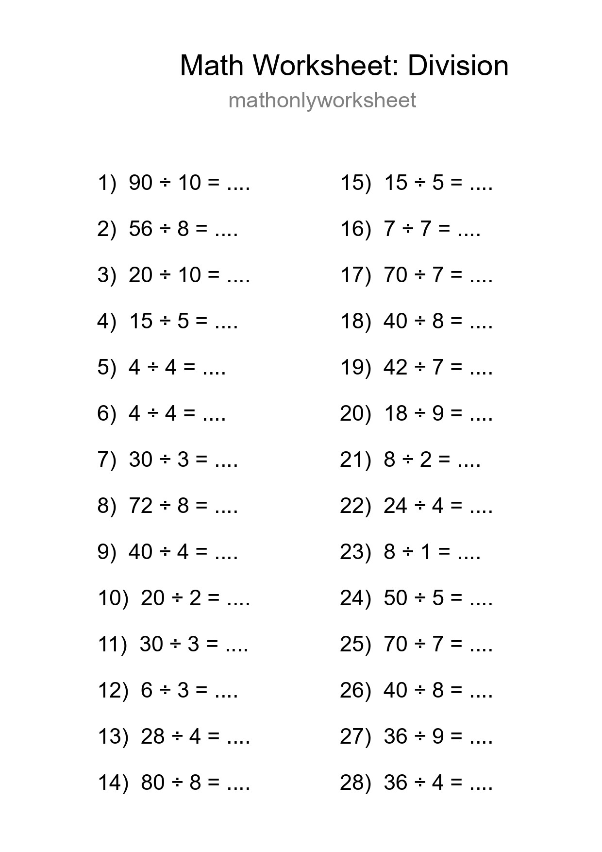 Free 28 Division Math Worksheet For Grade 1 With Answers - Part 208