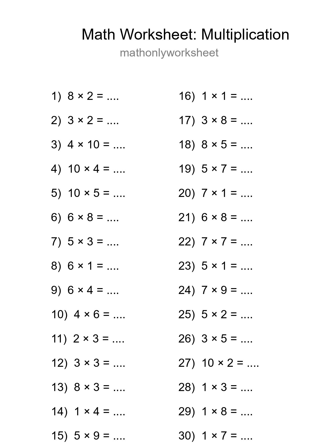 Free 30 Multiplication Math Worksheet For Grade 1 - Part 32