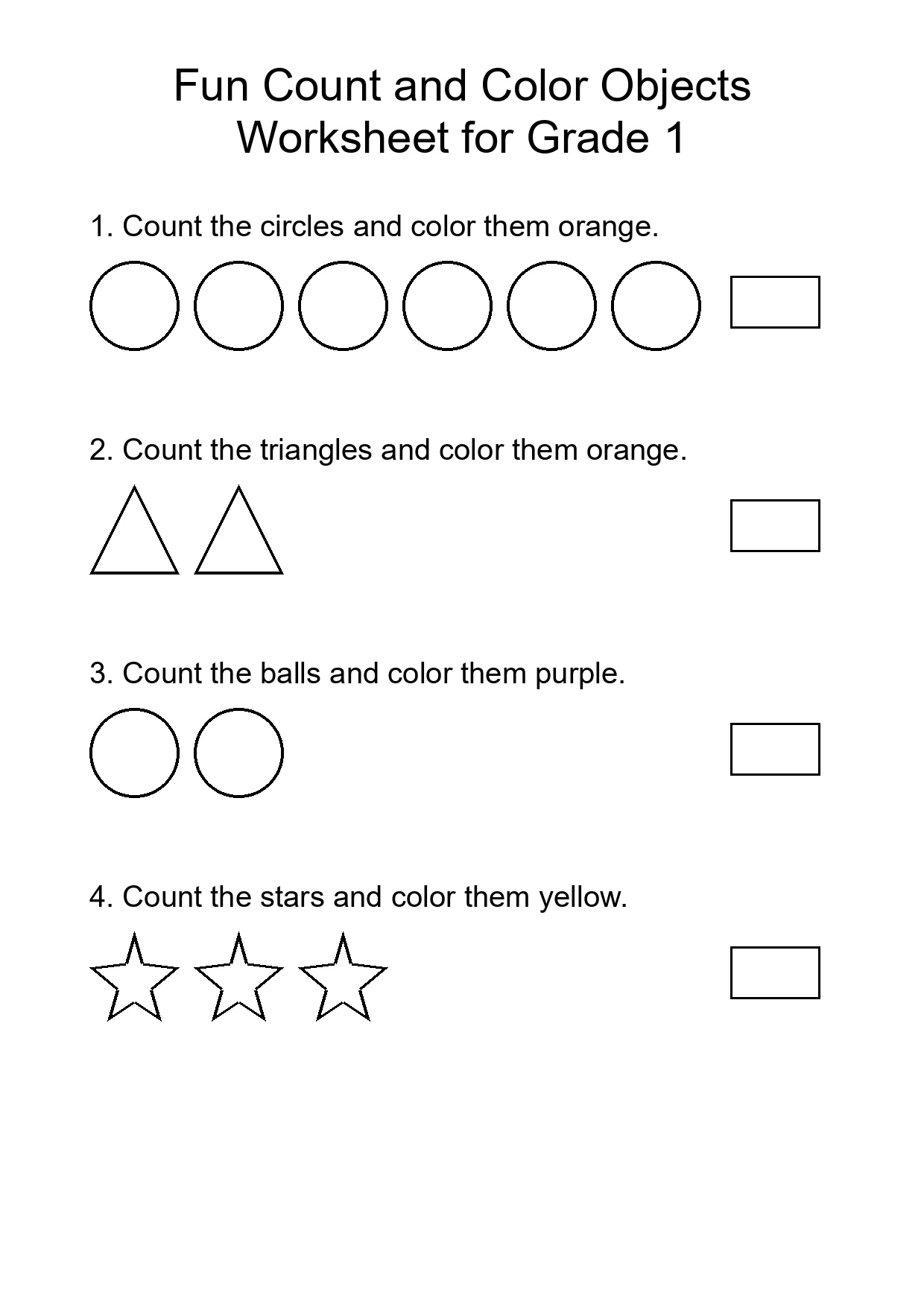 Fun Count and Color Objects Worksheet for Grade 1