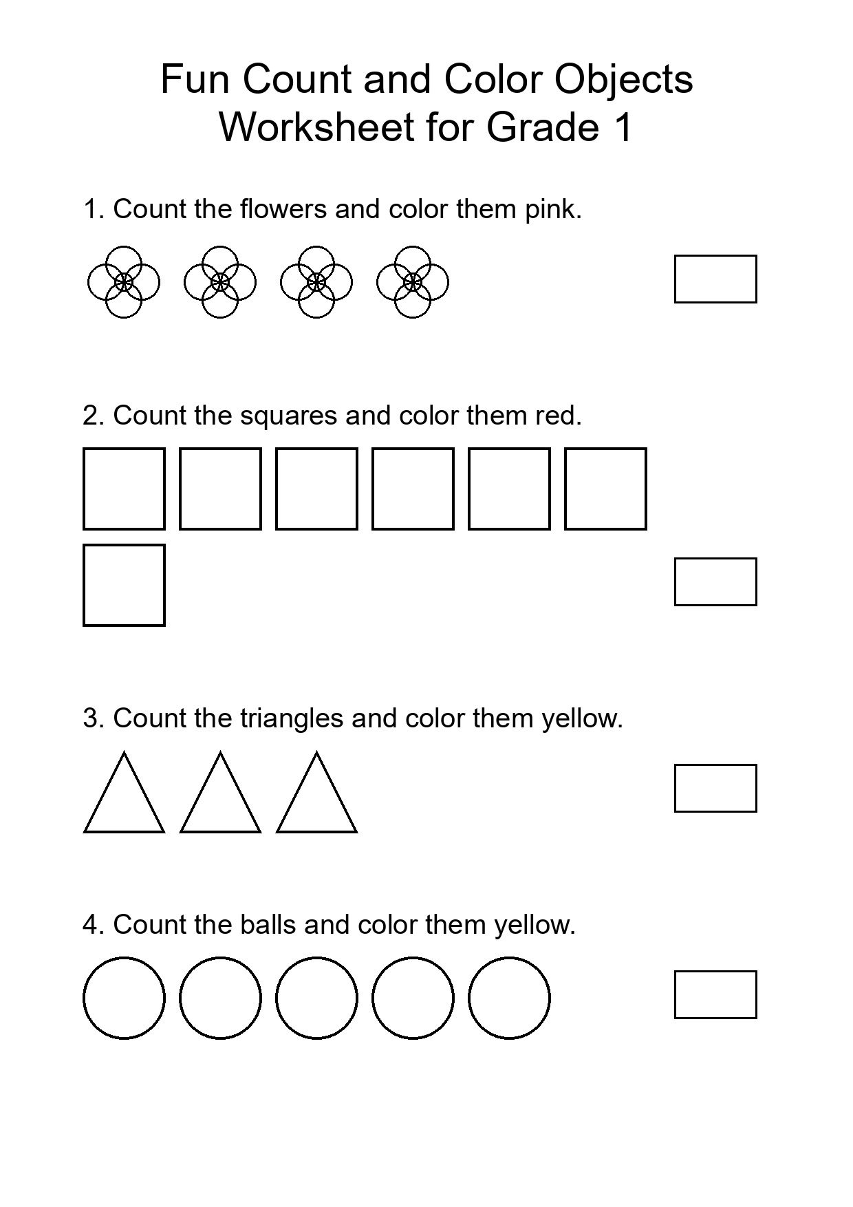 Fun Count and Color Objects Worksheet for Grade 1