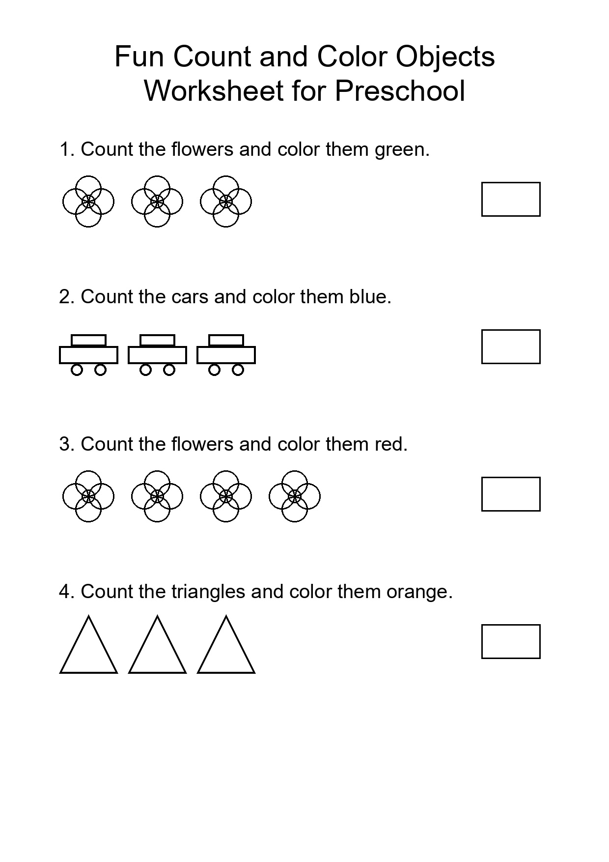Fun Count and Color Objects Worksheet for Preschool