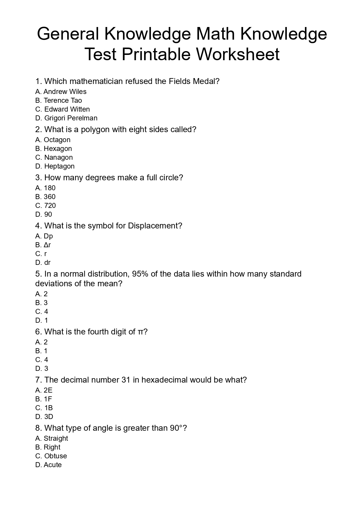 General Knowledge Math Knowledge Test Printable Worksheet
