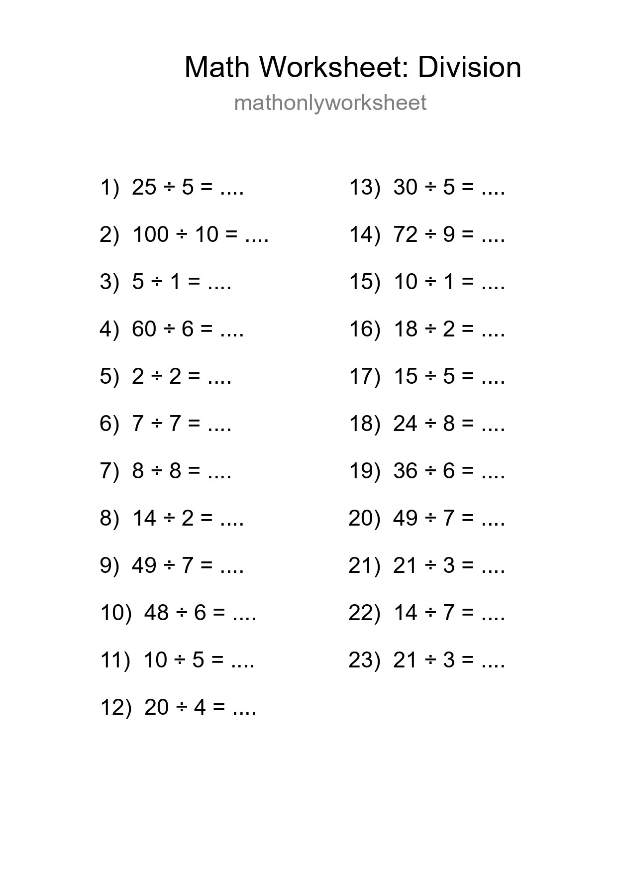 Grade 1 Division Practice Worksheet (23 Problems) - Part 172