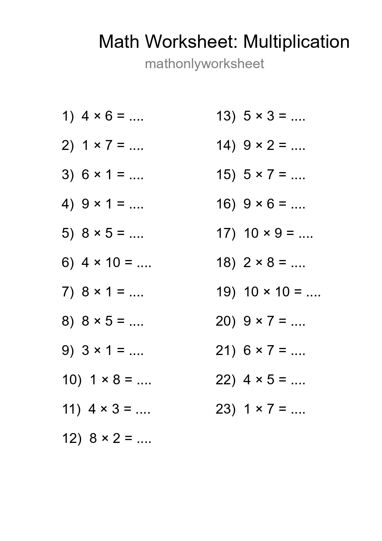 Grade 1 Multiplication Practice Worksheet (23 Problems) - Part 140