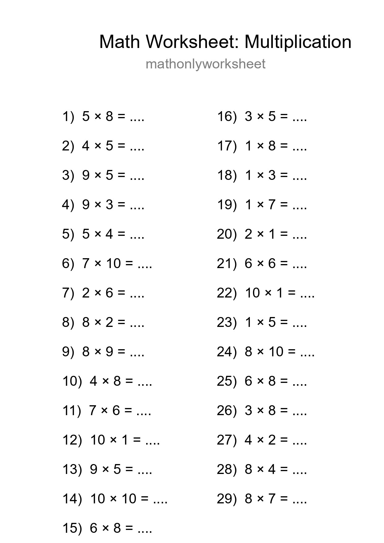 Grade 1 Multiplication Practice Worksheet (29 Problems) - Part 176