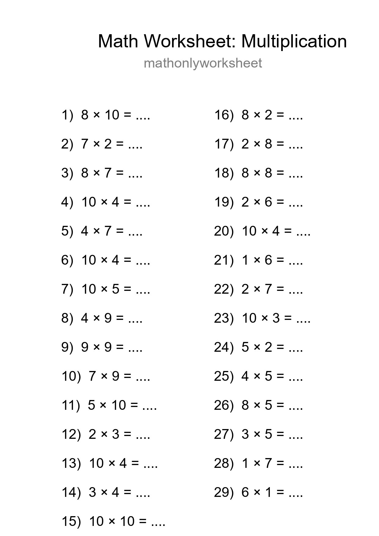 Grade 1 Multiplication Practice Worksheet (29 Problems) - Part 80