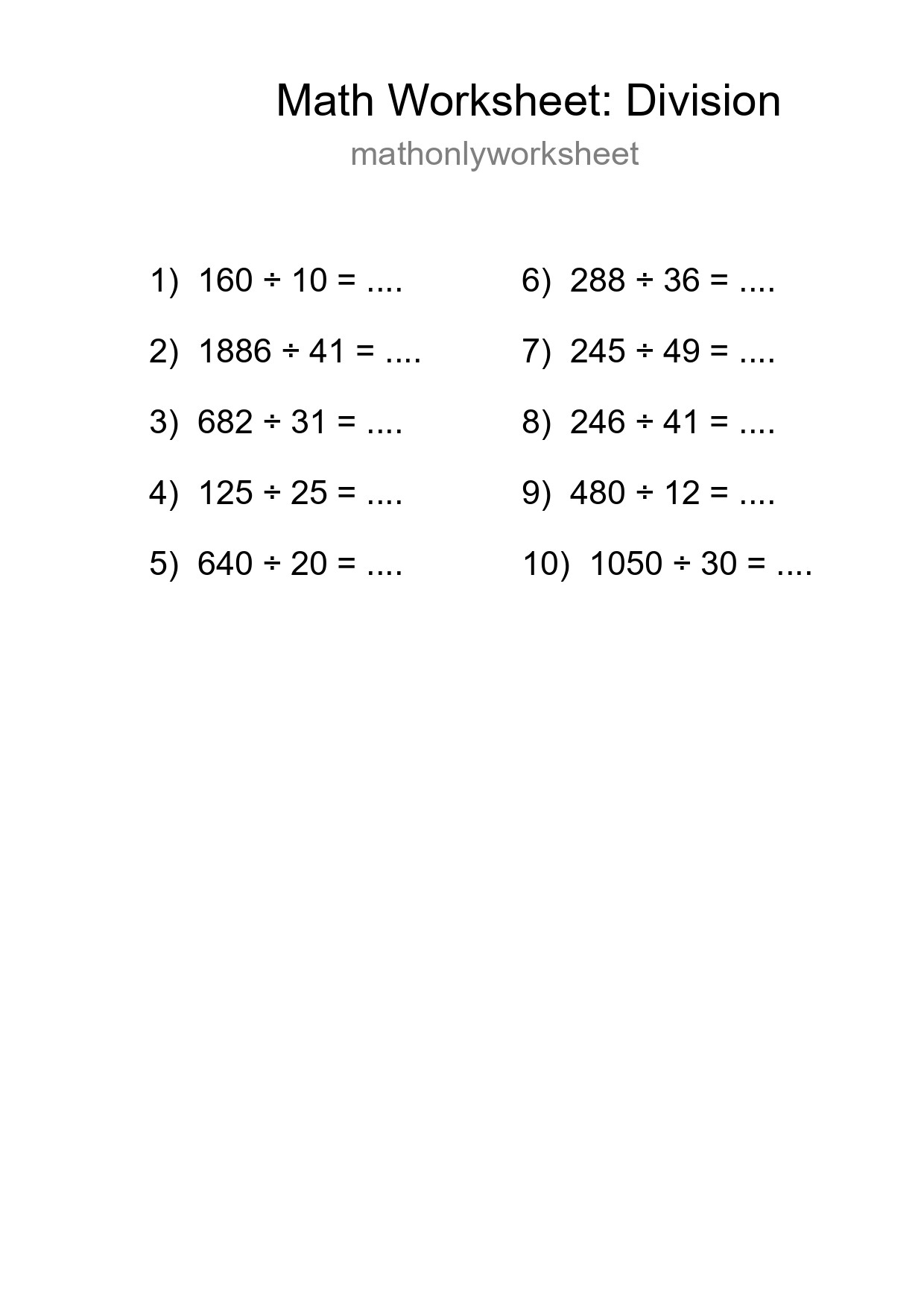 Grade 2 Division Practice Worksheet (10 Problems) - Part 40