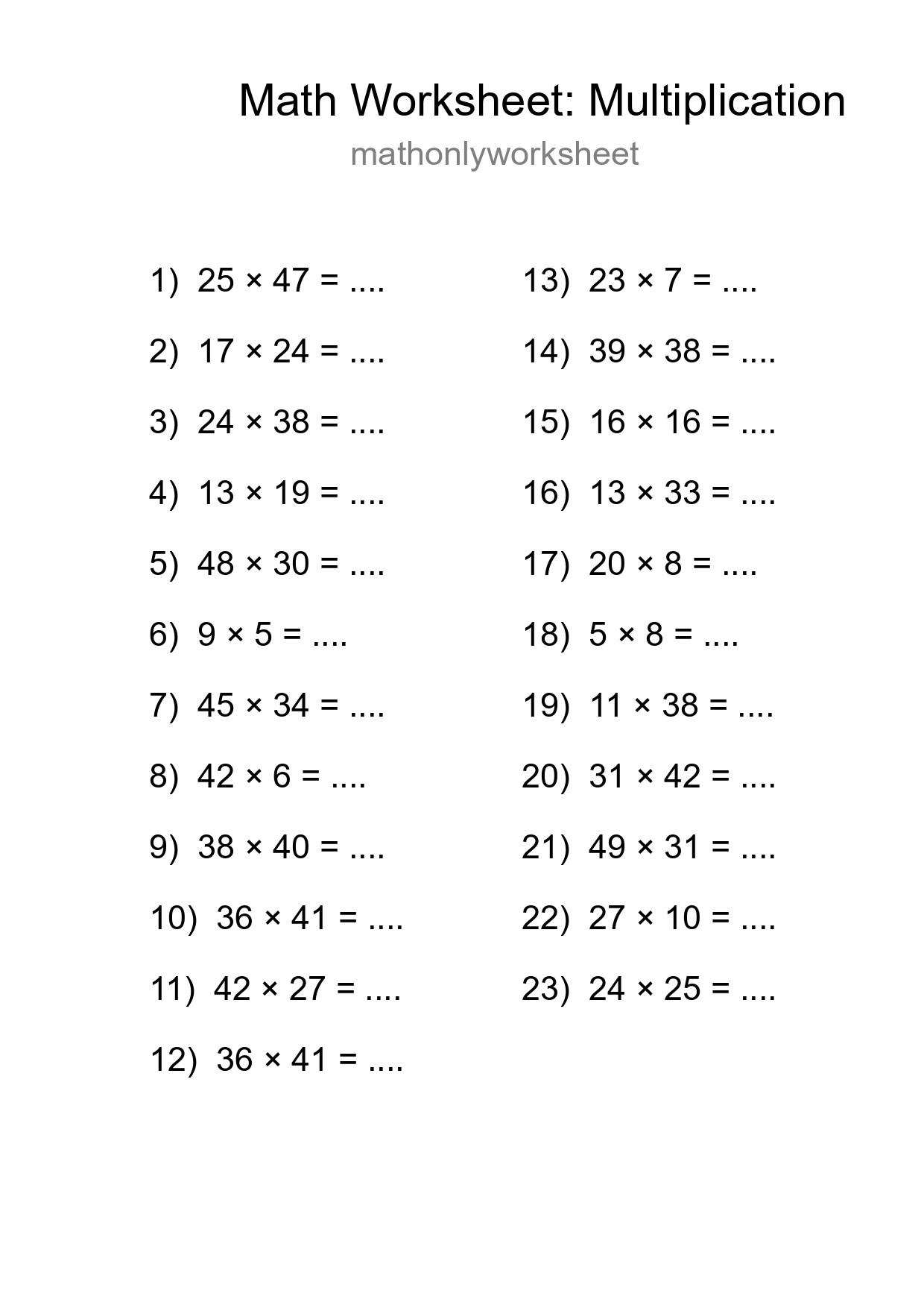 Grade 2 Multiplication Practice Worksheet (23 Problems) - Part 116