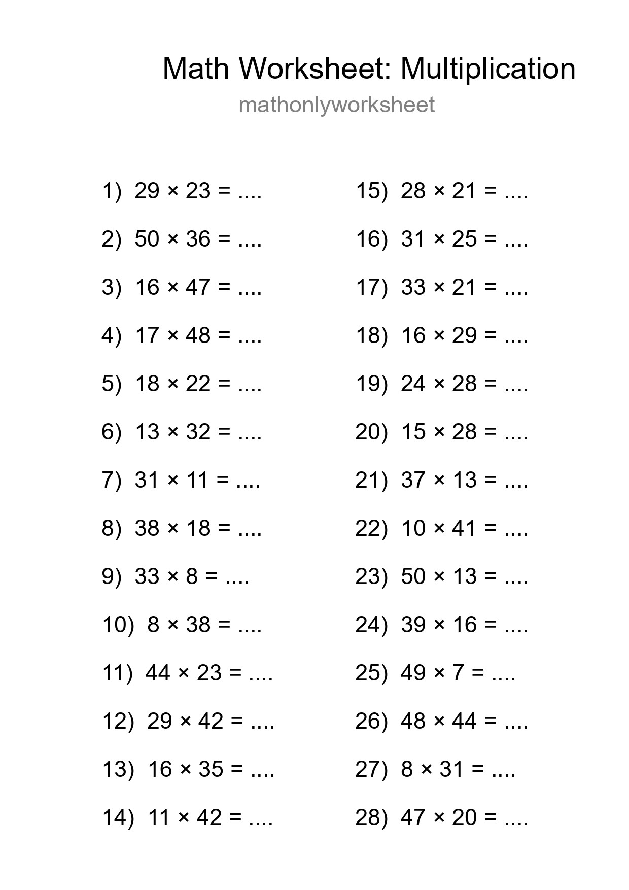 Grade 2 Multiplication Practice Worksheet (28 Problems) - Part 164