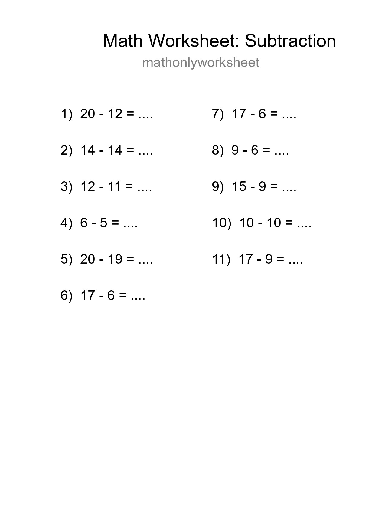 Grade 2 Subtraction Practice Worksheet (11 Problems) - Part 153