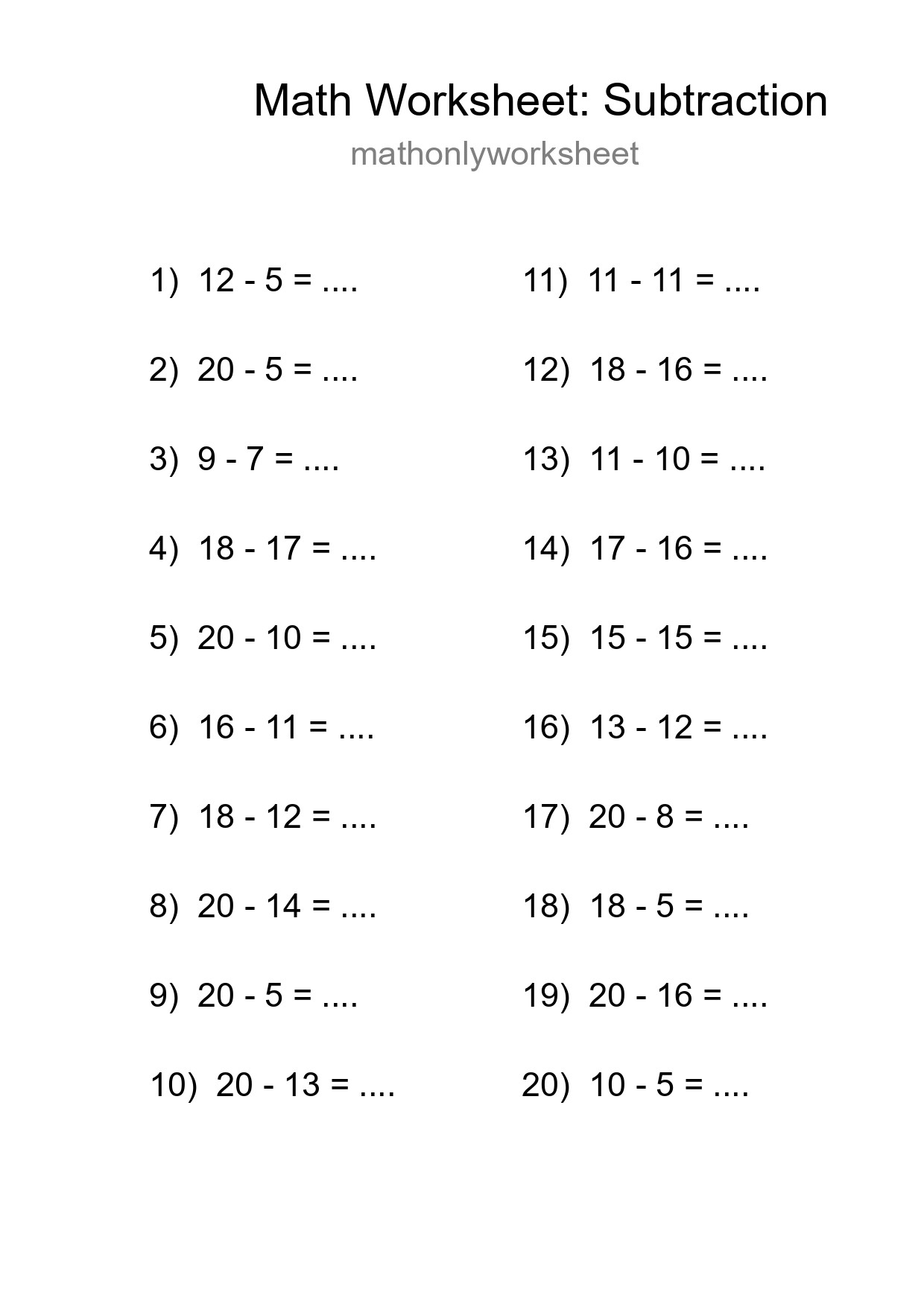Grade 2 Subtraction Practice Worksheet (20 Problems) - Part 69