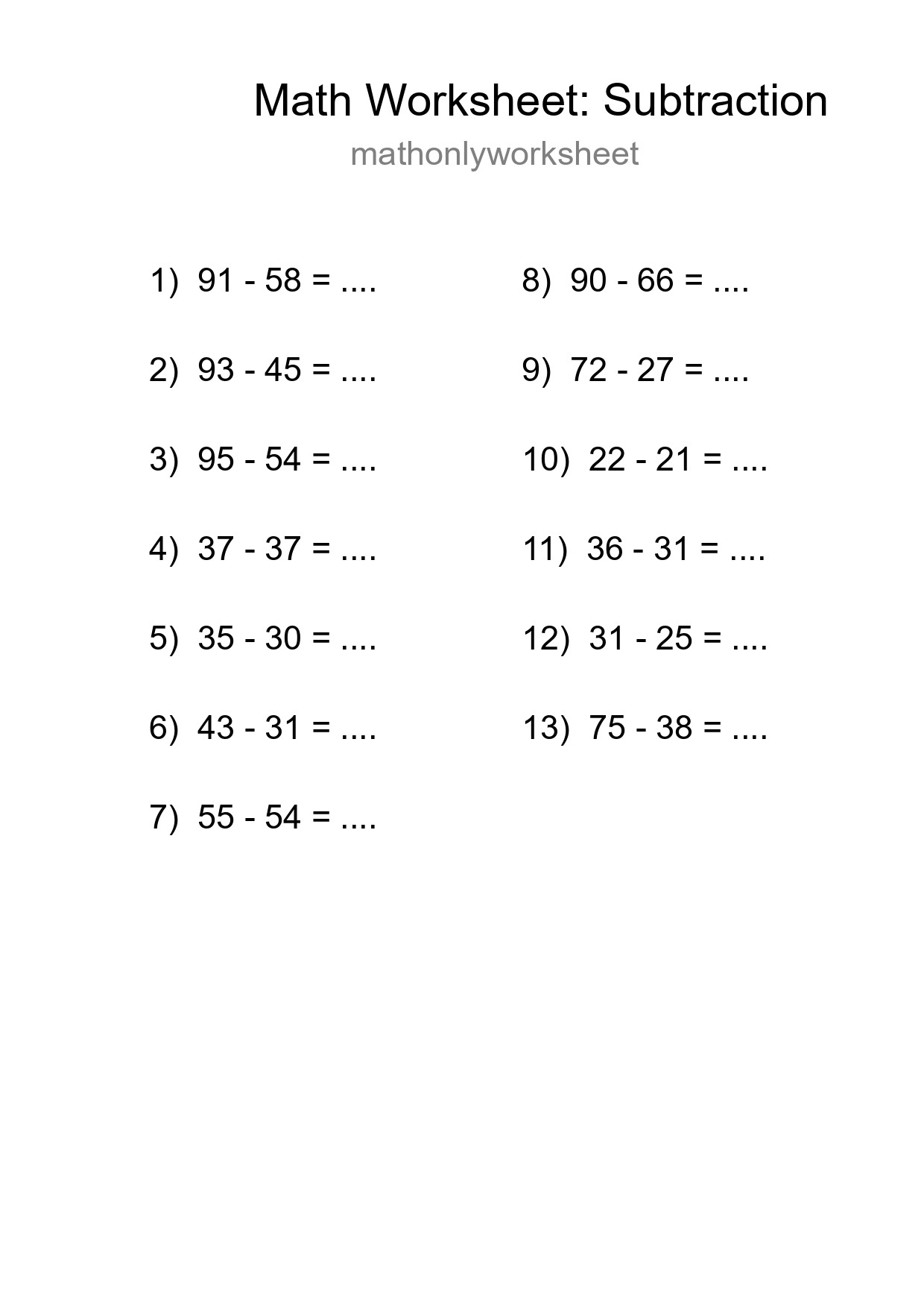 Grade 3 Subtraction Practice Worksheet (13 Problems) - Part 249