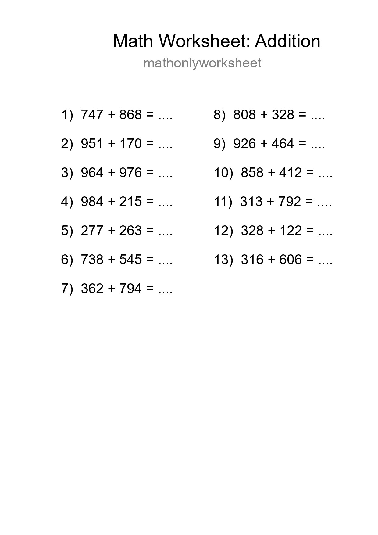 Grade 5 Addition Practice Worksheet (13 Problems) - Part 205