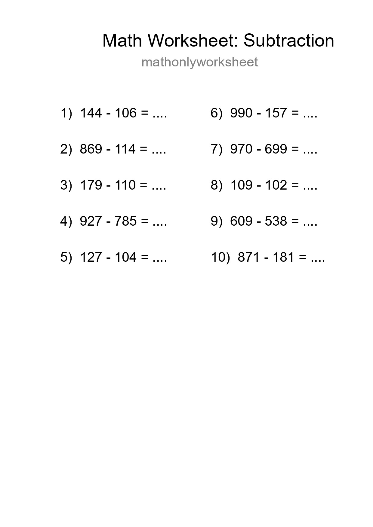 Grade 5 Subtraction Practice Worksheet (10 Problems) - Part 21