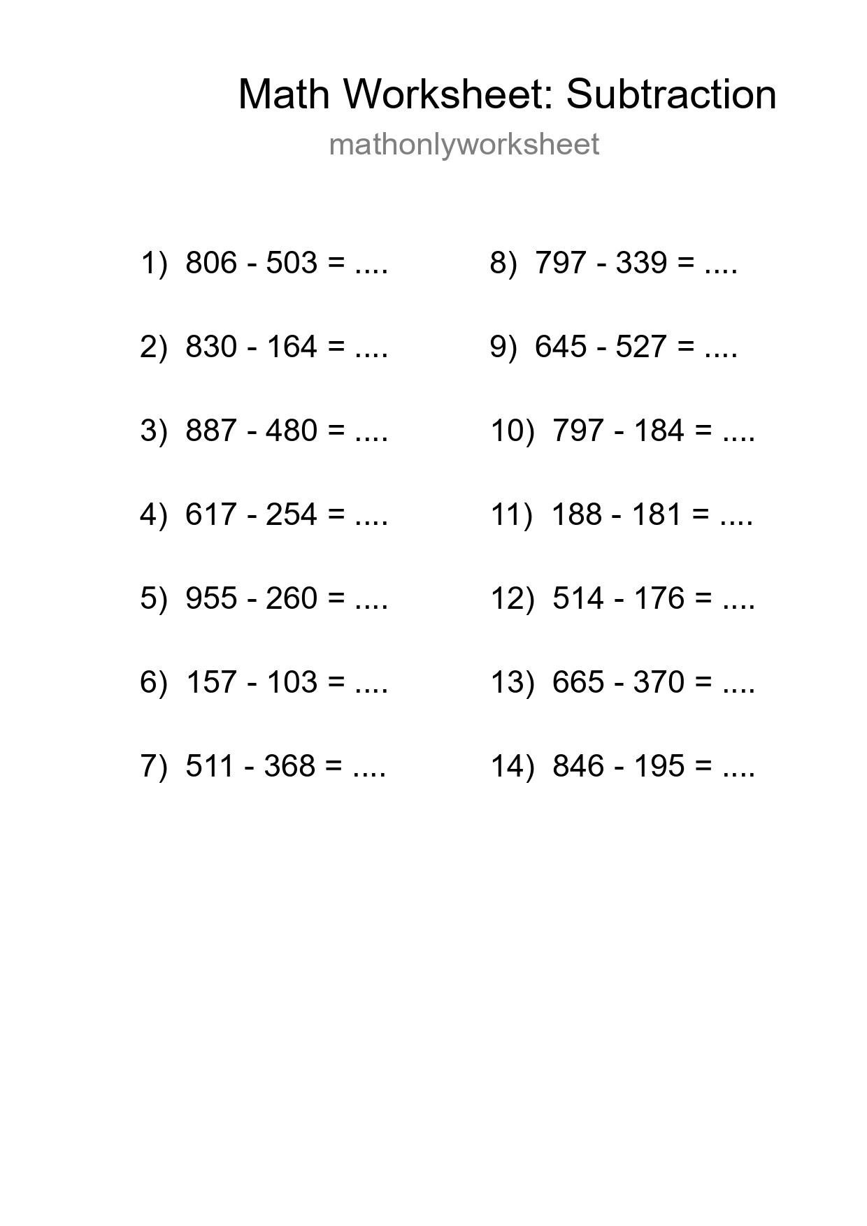Grade 5 Subtraction Practice Worksheet (14 Problems) - Part 225