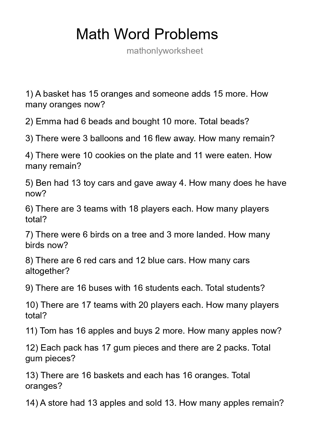 Math Word Problem Worksheet